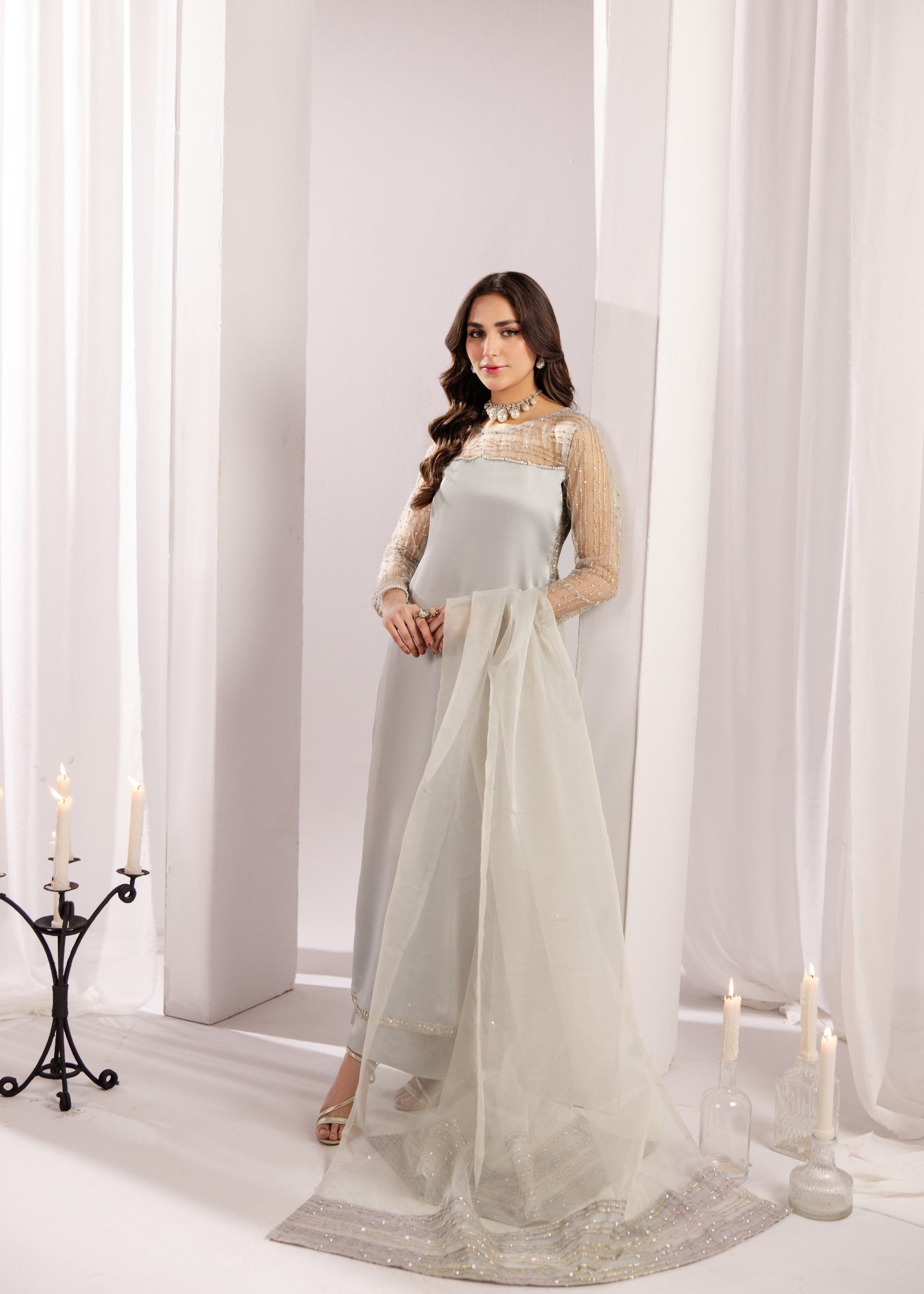 silk Kurta Set in Light grey