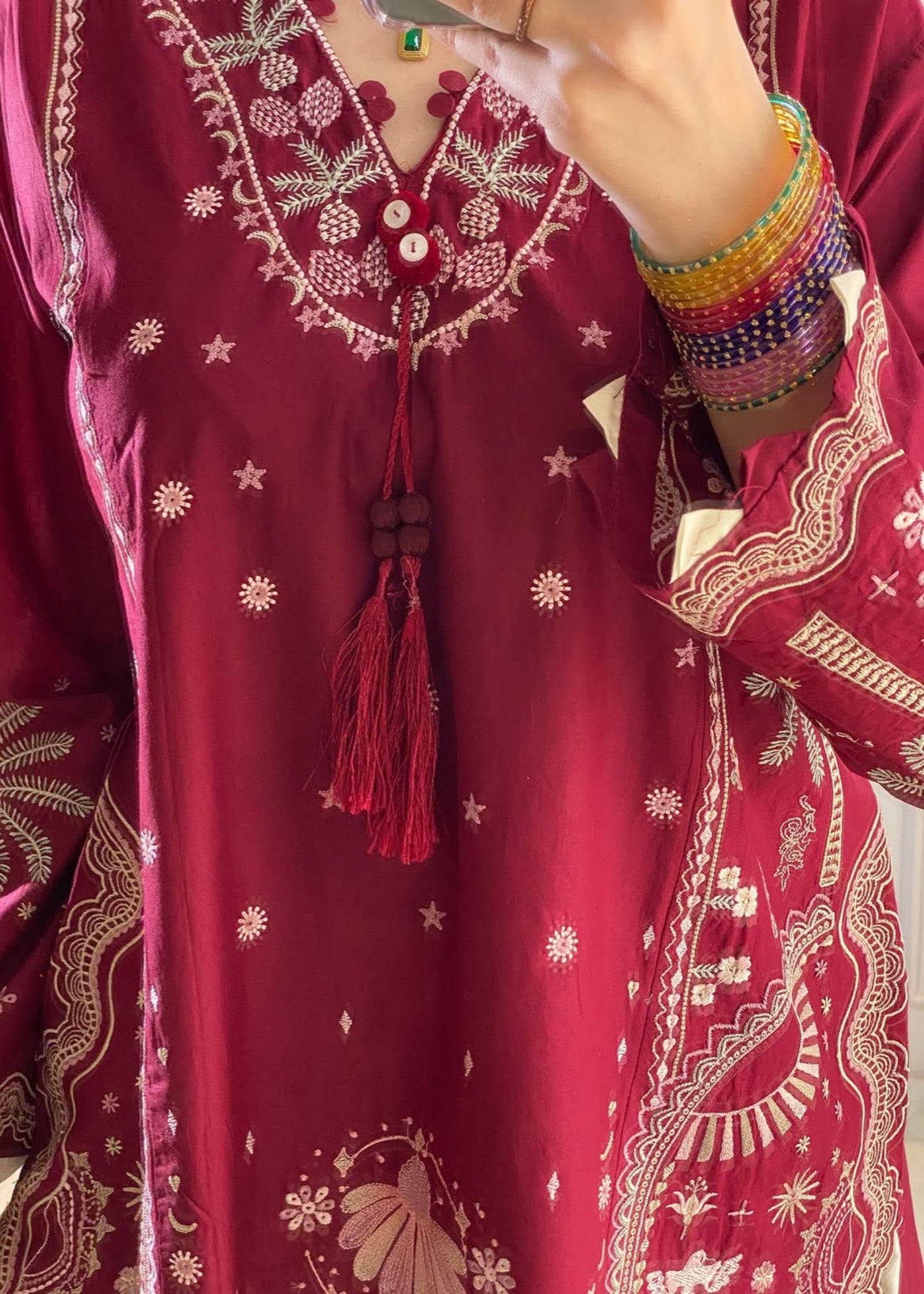 linen Kurta Set in White, maroon