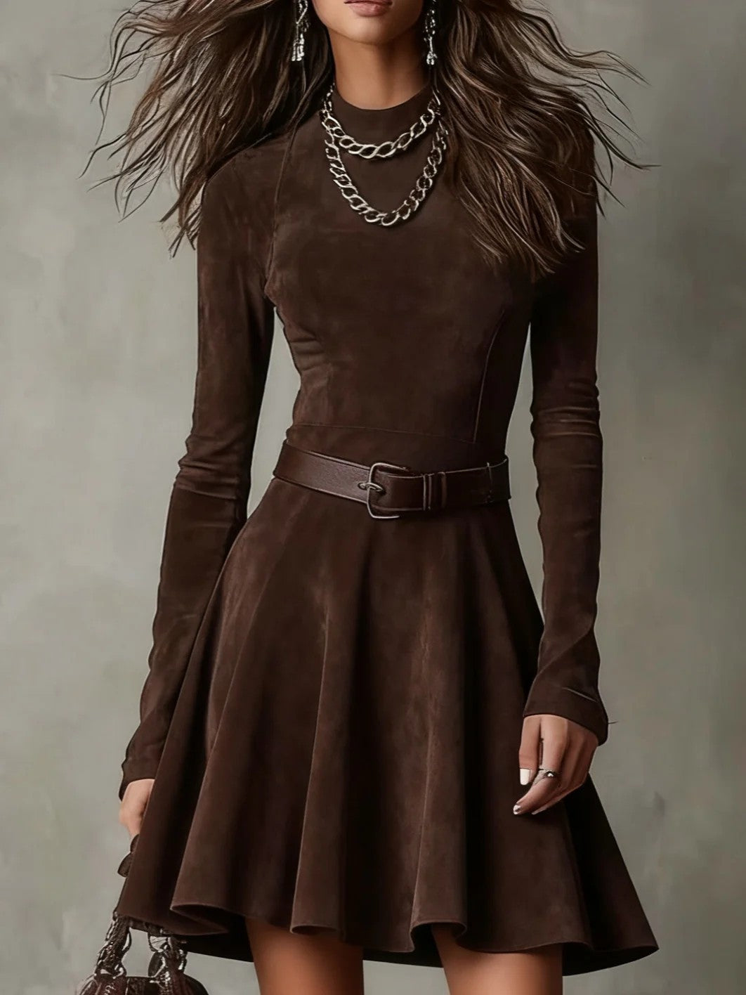 Fashion New Elegant Graceful Solid Color Long-sleeve Round-collar Dress