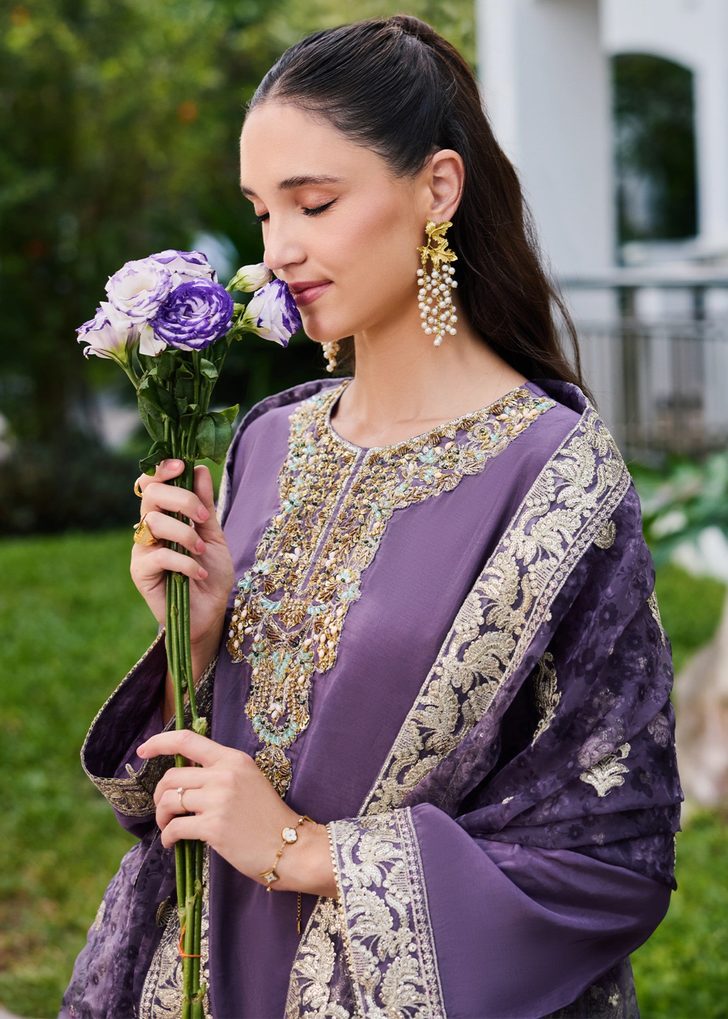 pure silk chiffon Kurta Set in Purple heart
