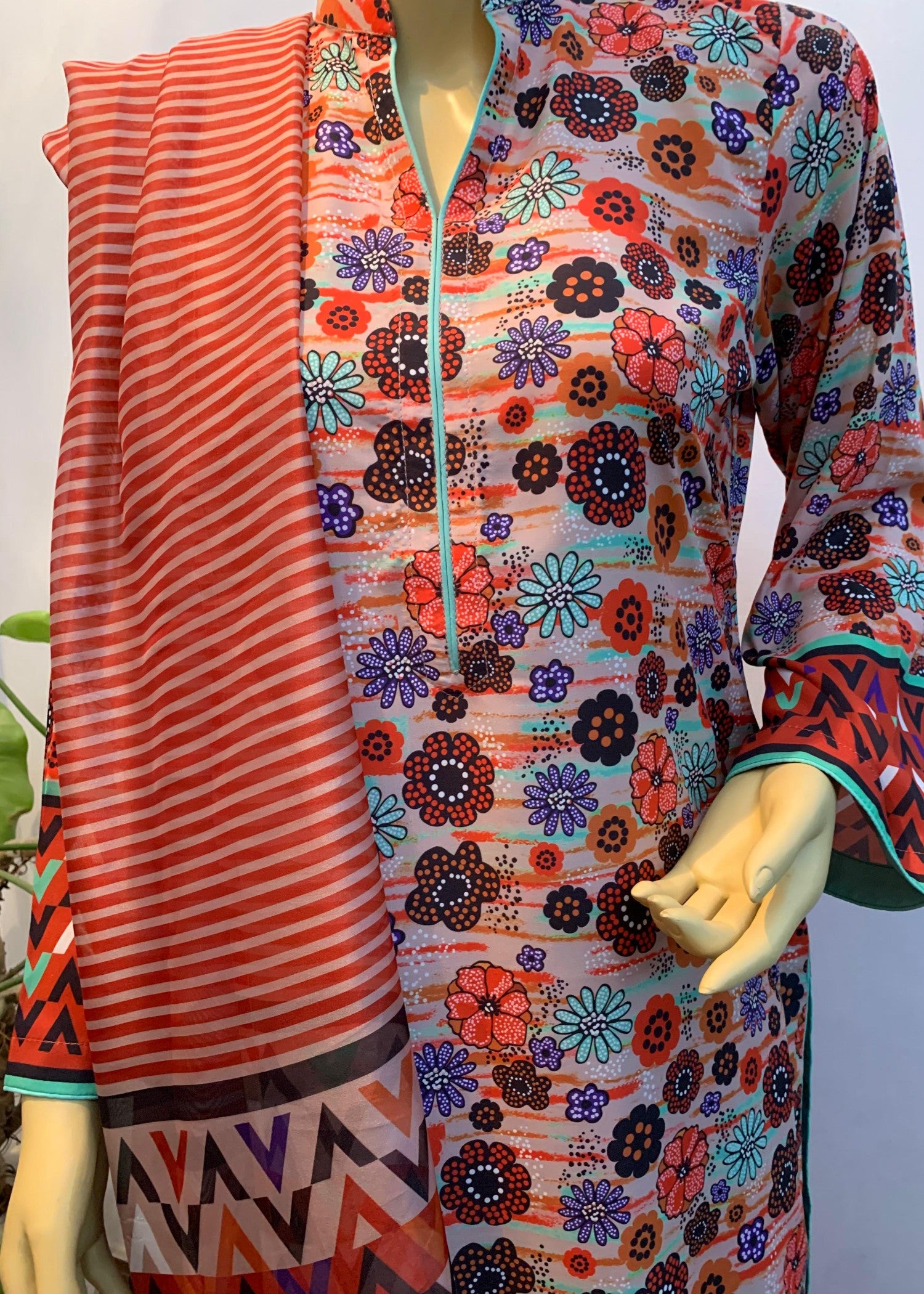 arabic lawn Unstitched in Peach pink, caramel brown