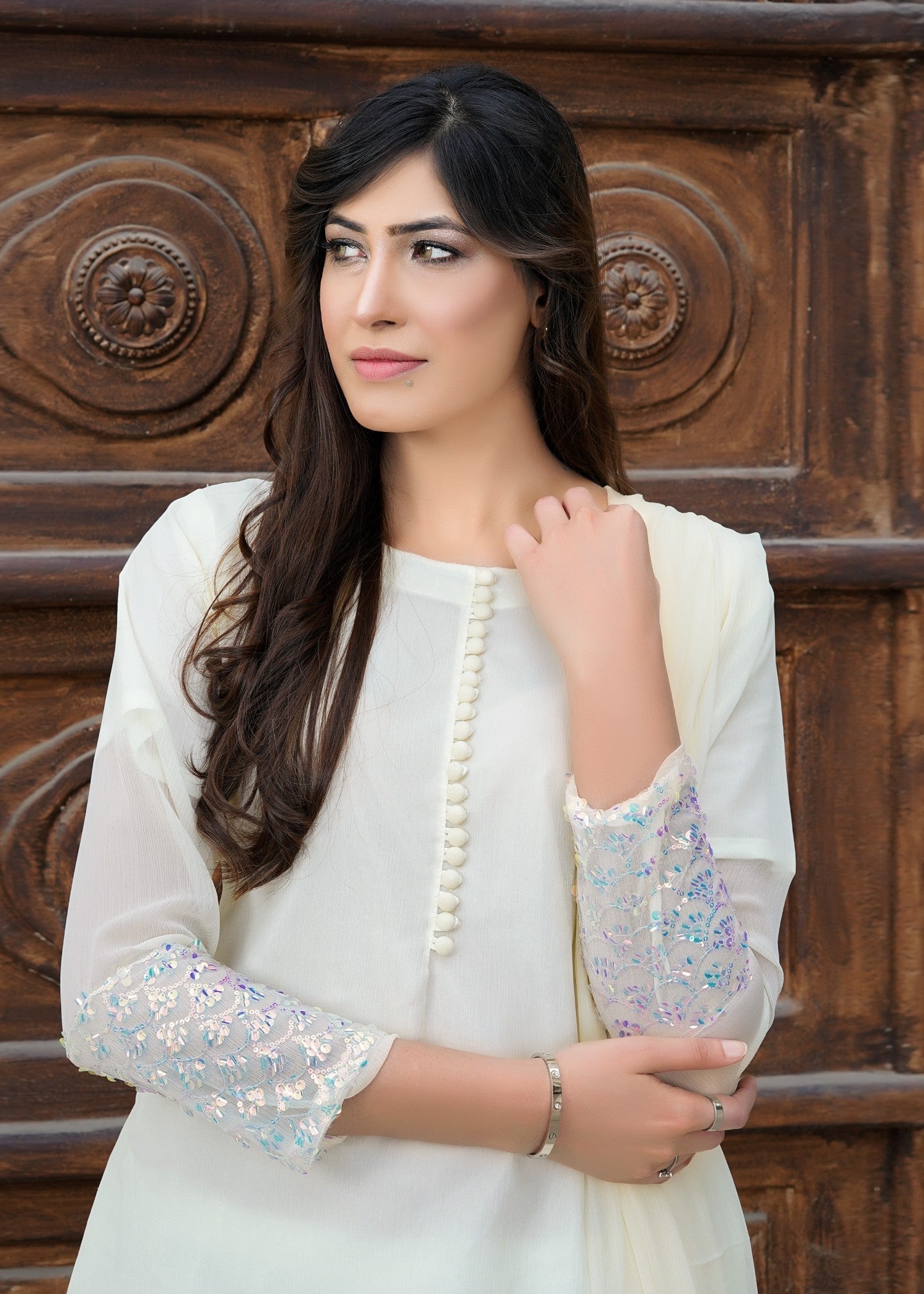 chiffon Kurta Set in Off-white