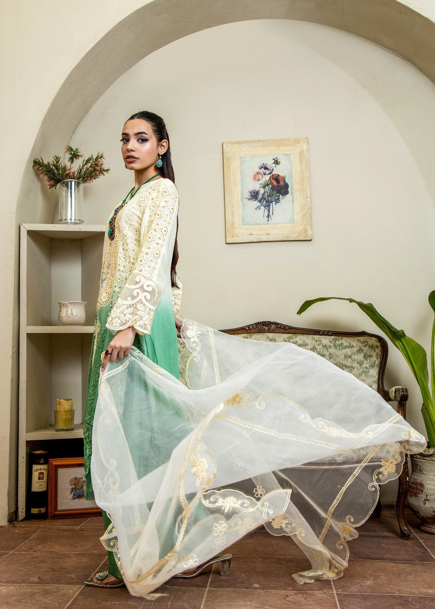 chiffon Kurta Set in Jade green, ivory