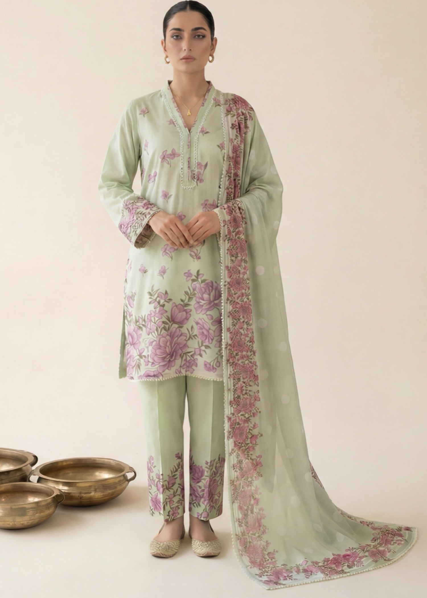 lawn cotton Kurta Set in Pistachio green