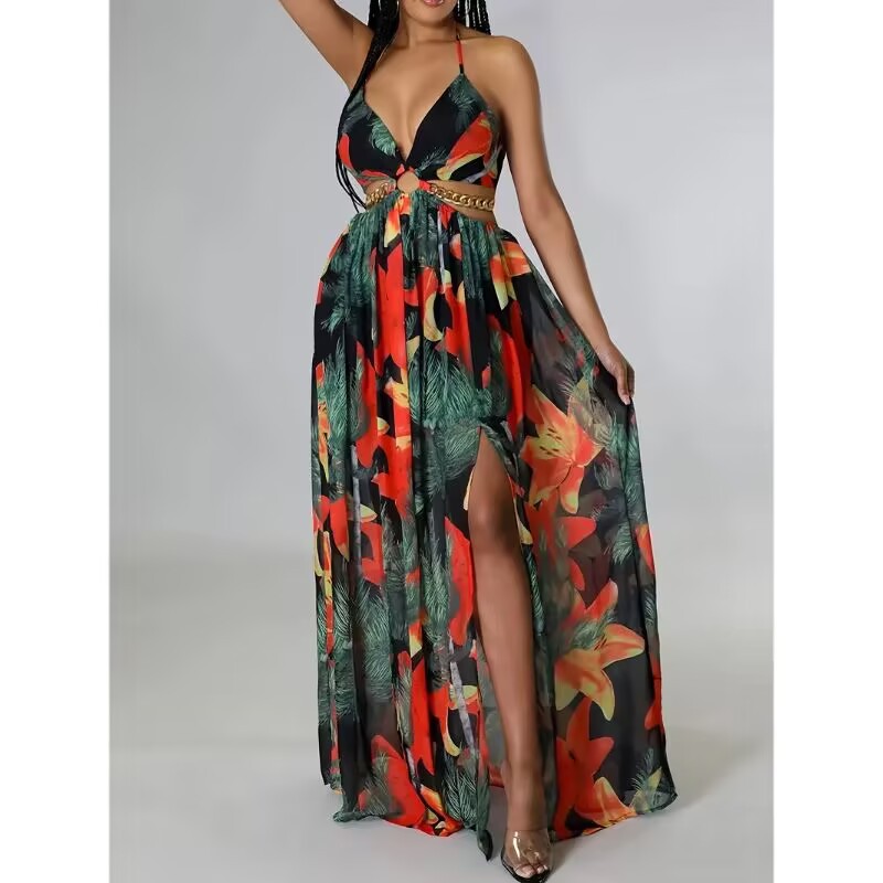 Womens Floral Print Backless Side-Slit Dress