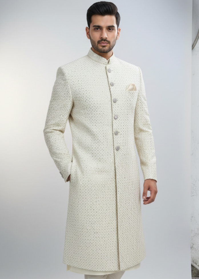 silk Sherwani in White, gold