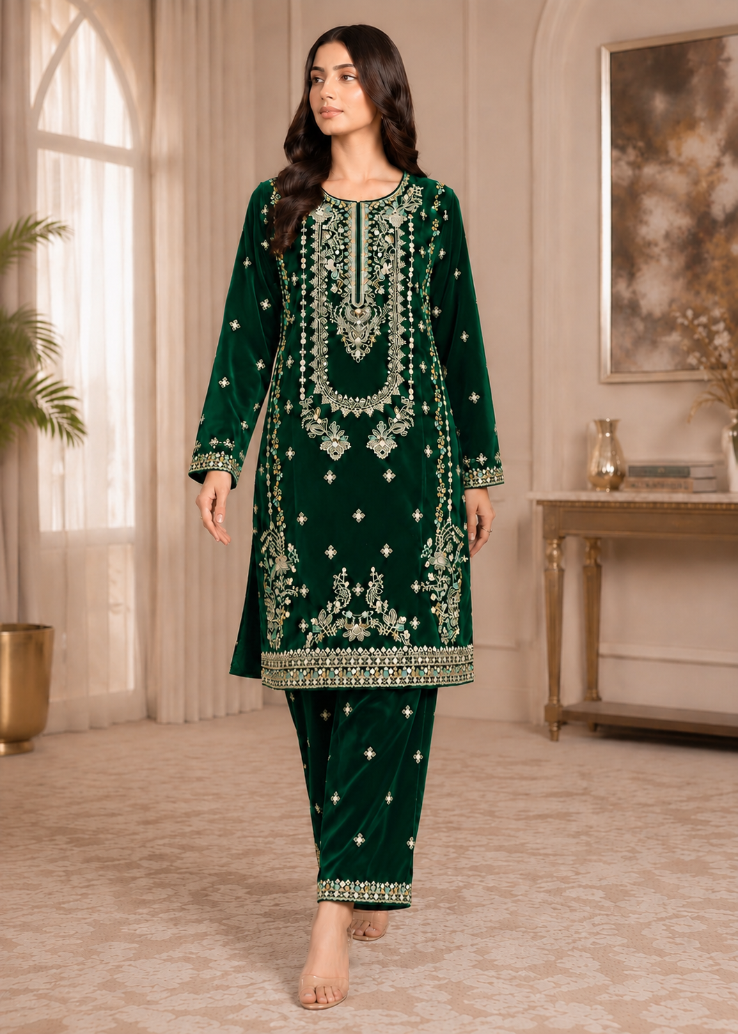 chinese micro velvet 9000 Kurta Set in Dark green