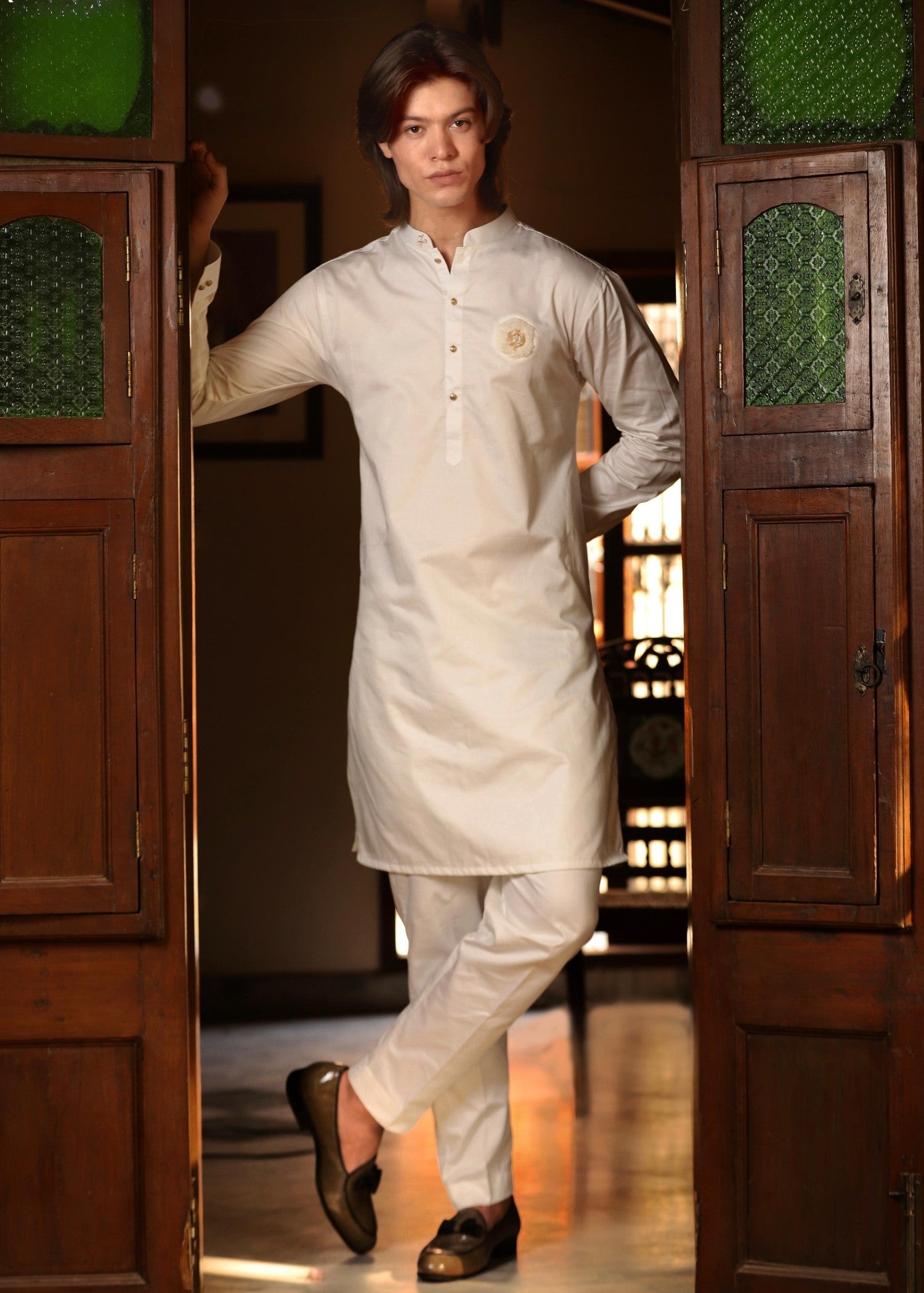 cotton satin Kurta Set in Pearl white