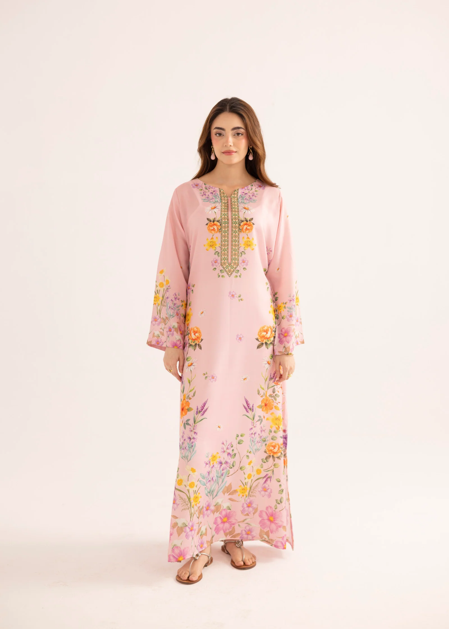 silk finish lawn Kaftan in Pink