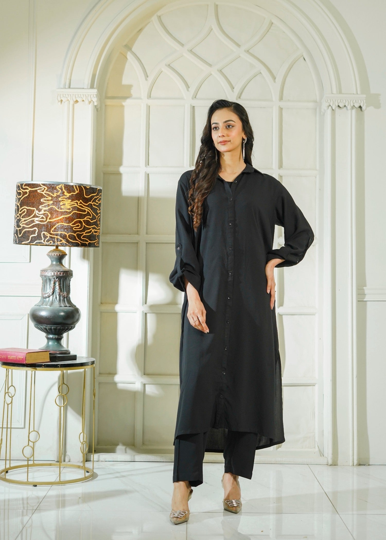 blended linen Kurta Set in Black
