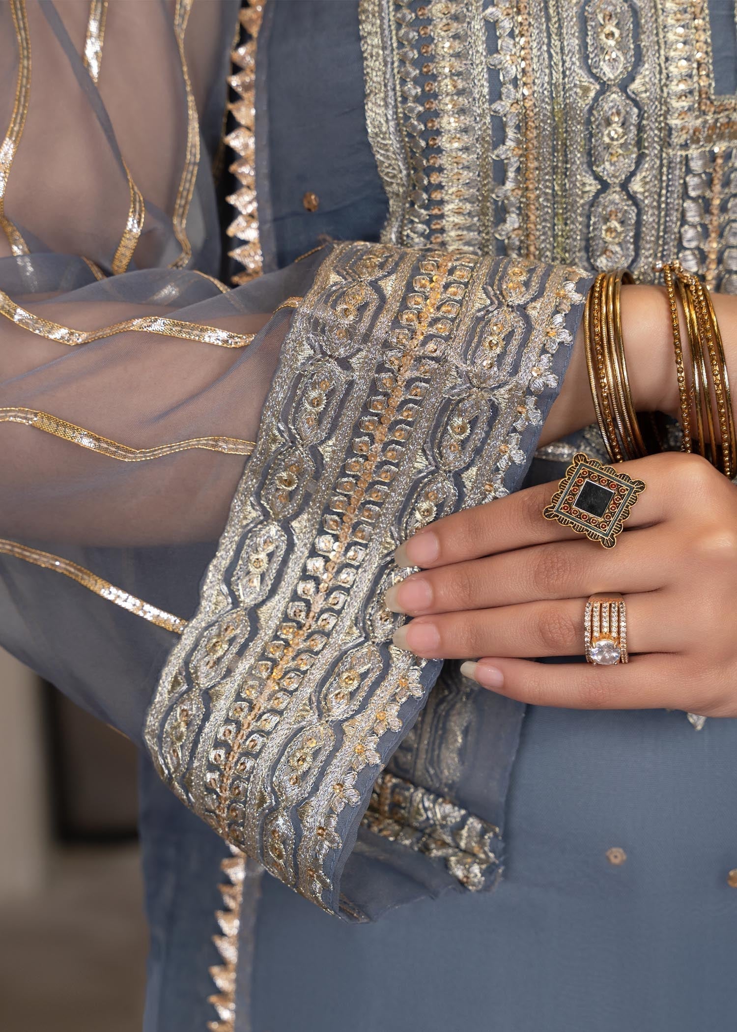 organza Kurta Set in Steel blue