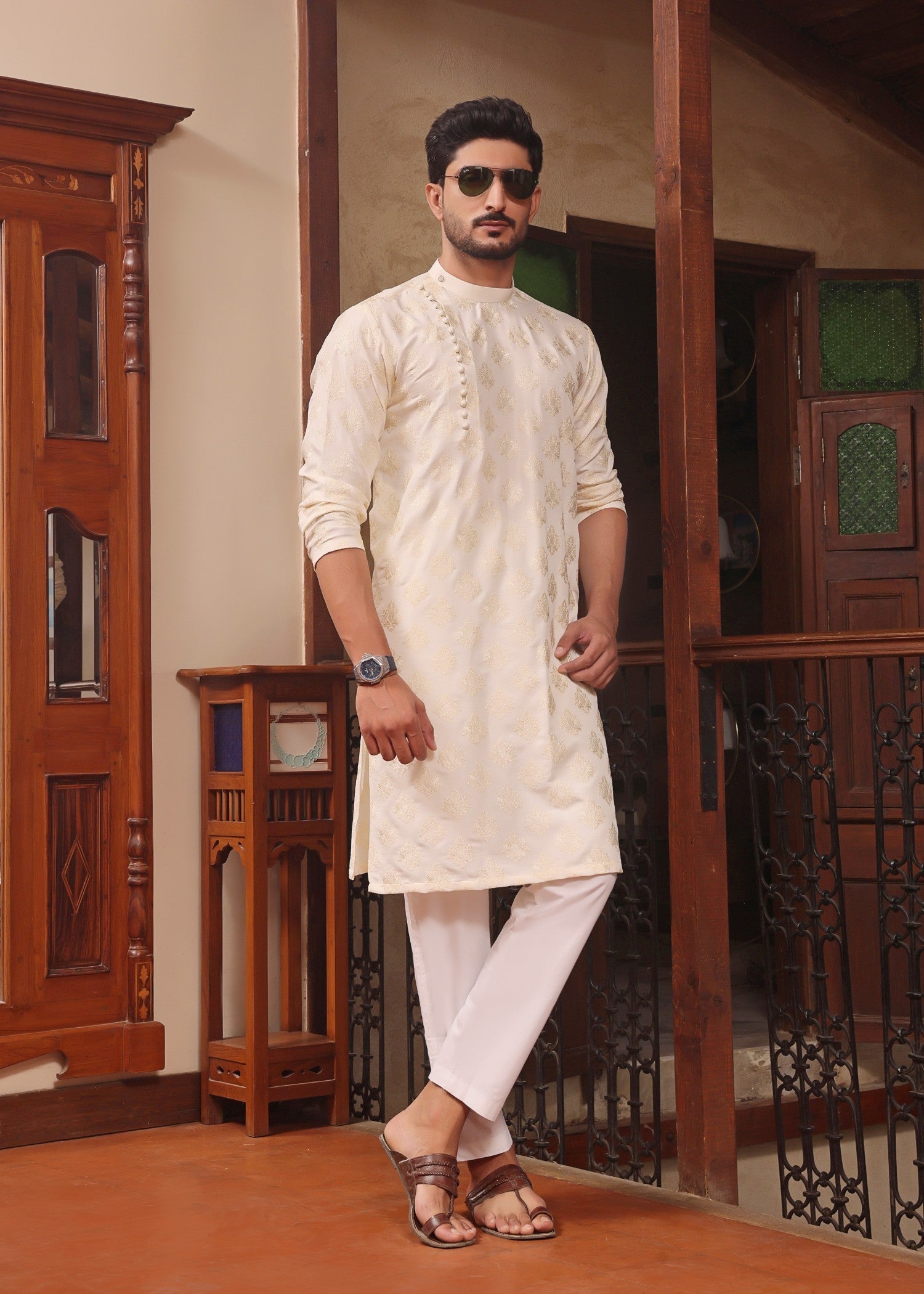 cotton silk Kurta Set in Ivory
