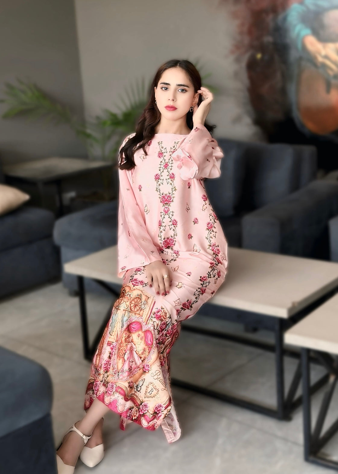 pk charmuse silk Kaftan in Pastel pink