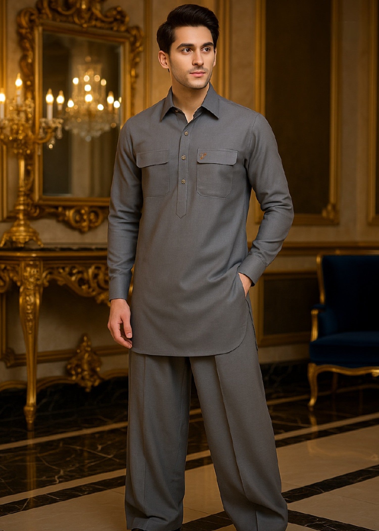 cotton linen Kurta Set in Grey