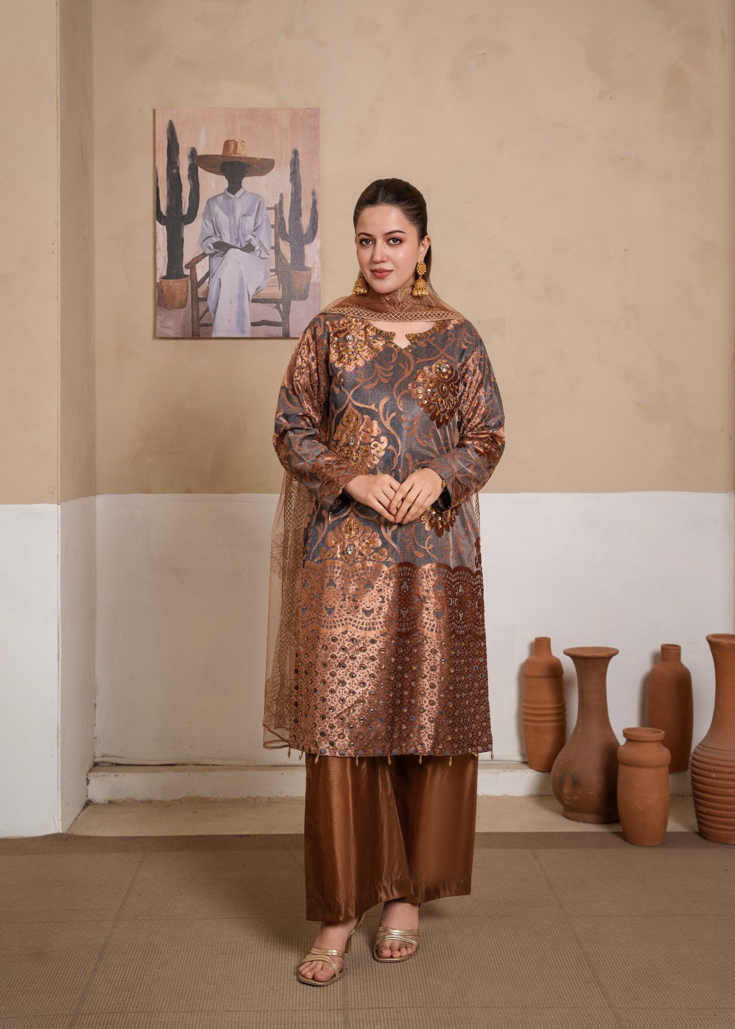 chinese micro velvet 3000 Kurta Set in Hazelwood brown