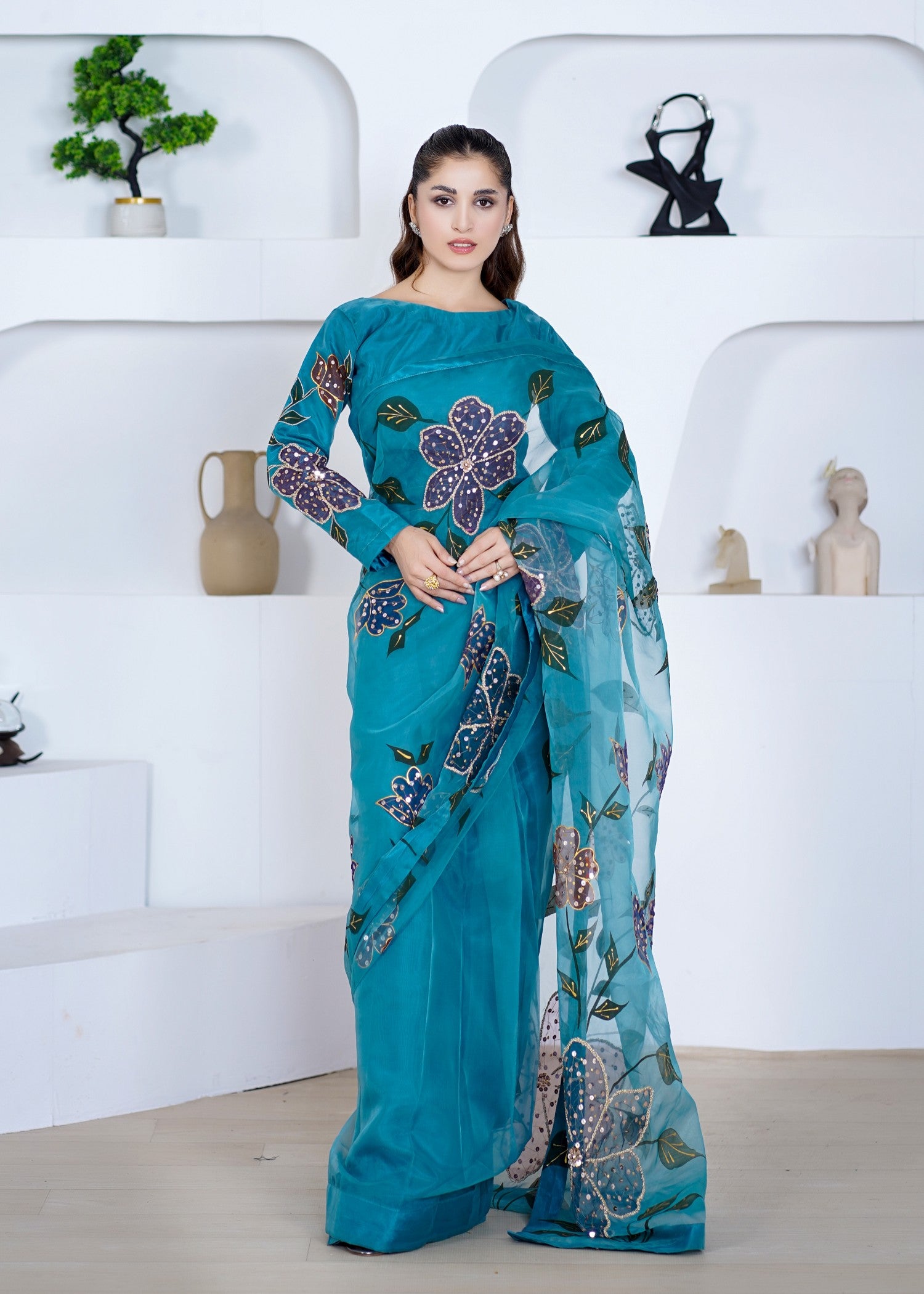 poly organza Saree in Teal