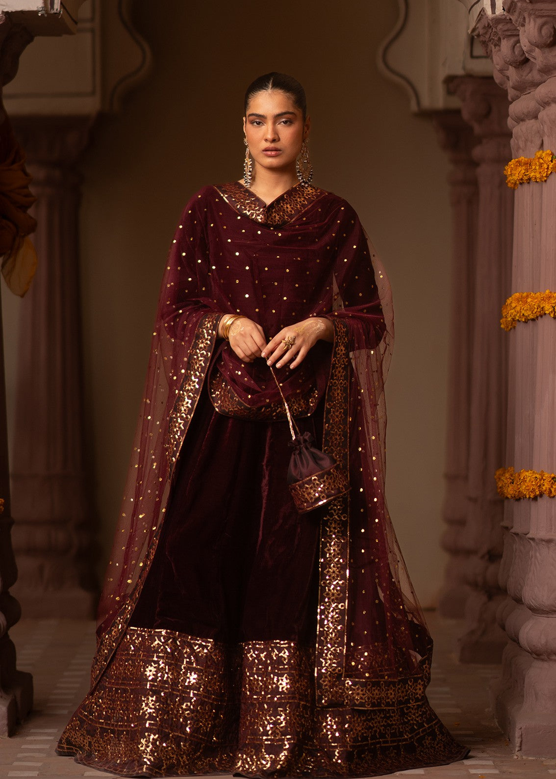 velvet Pishwas in Maroon
