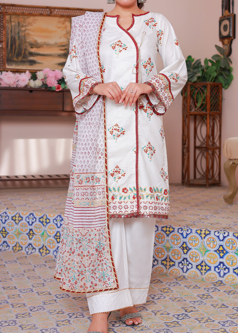 lawn Angrakha in White