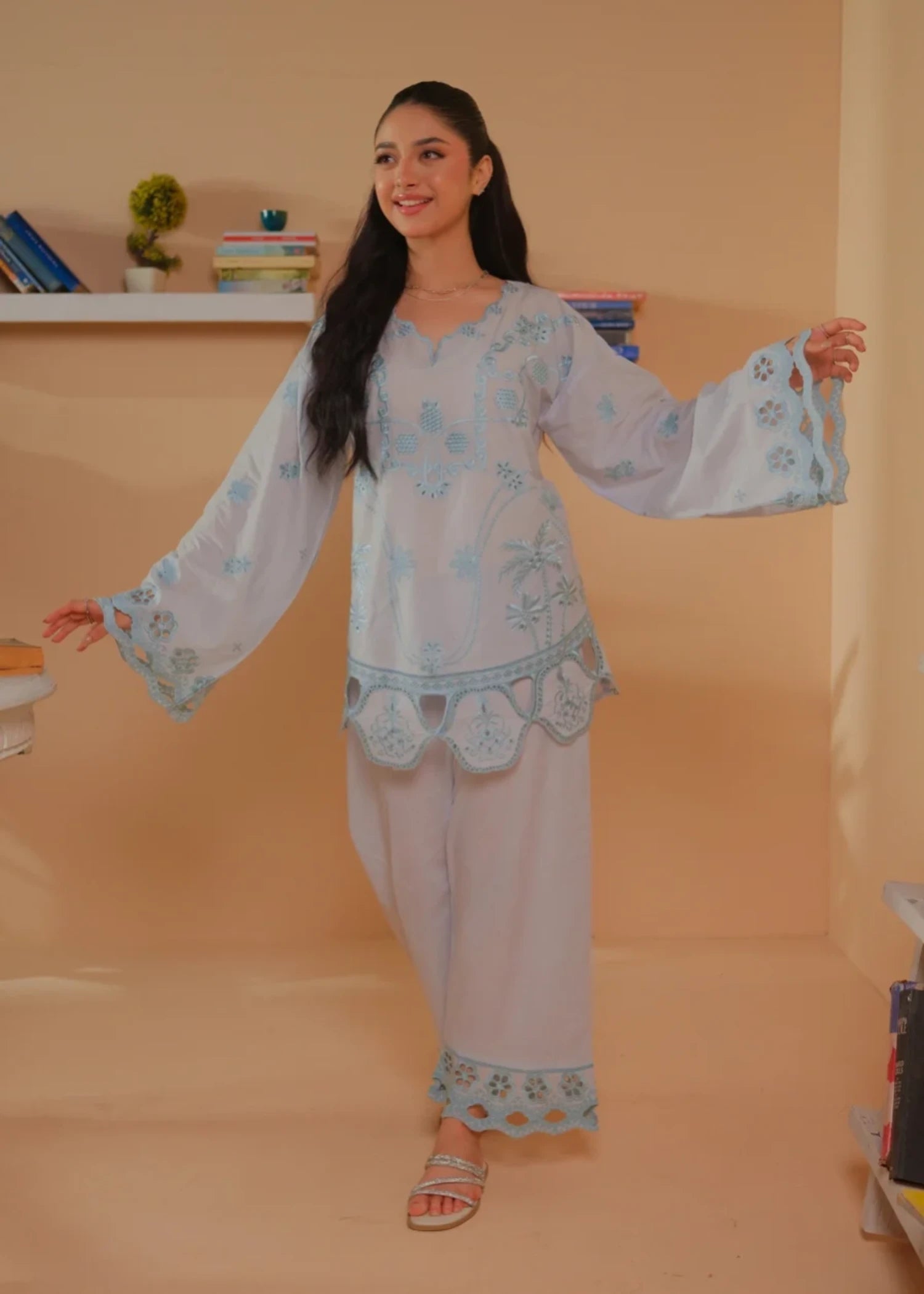 cambric Kurta Set in Ice blue