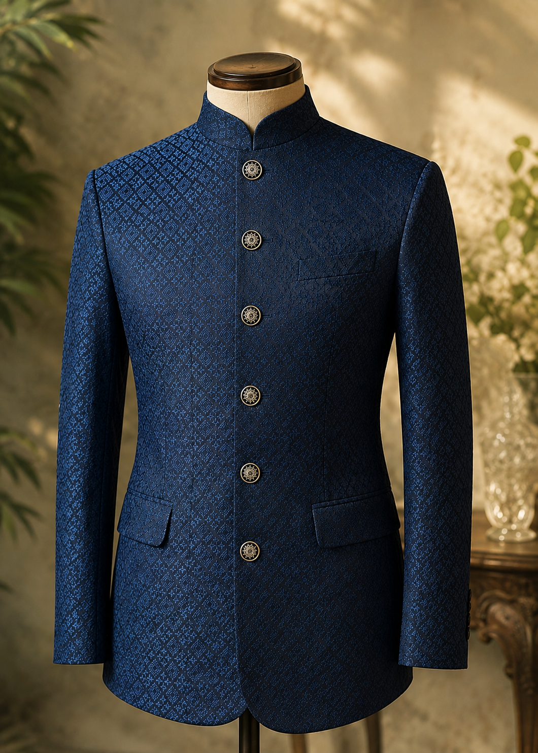 chikankari cotton Prince Coat in Navy blue