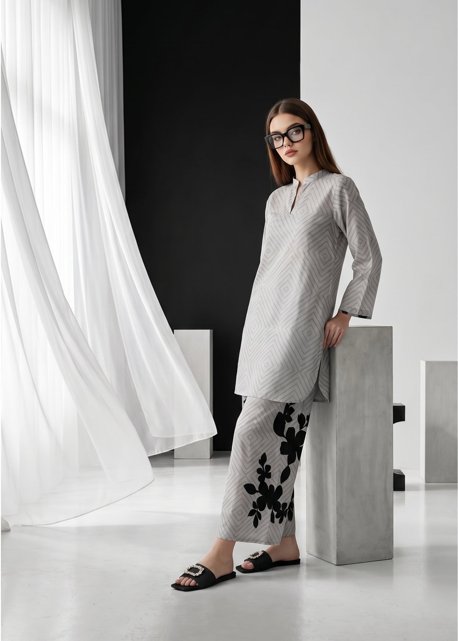 slub lawn Co Ord Sets in Grey