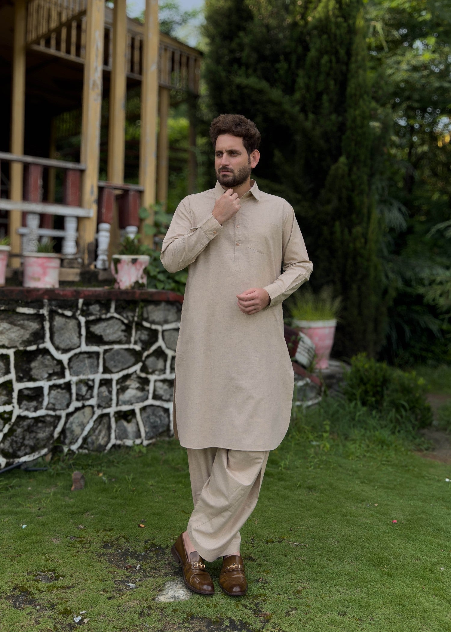 blended karandi Shalwar Kameez in Beige