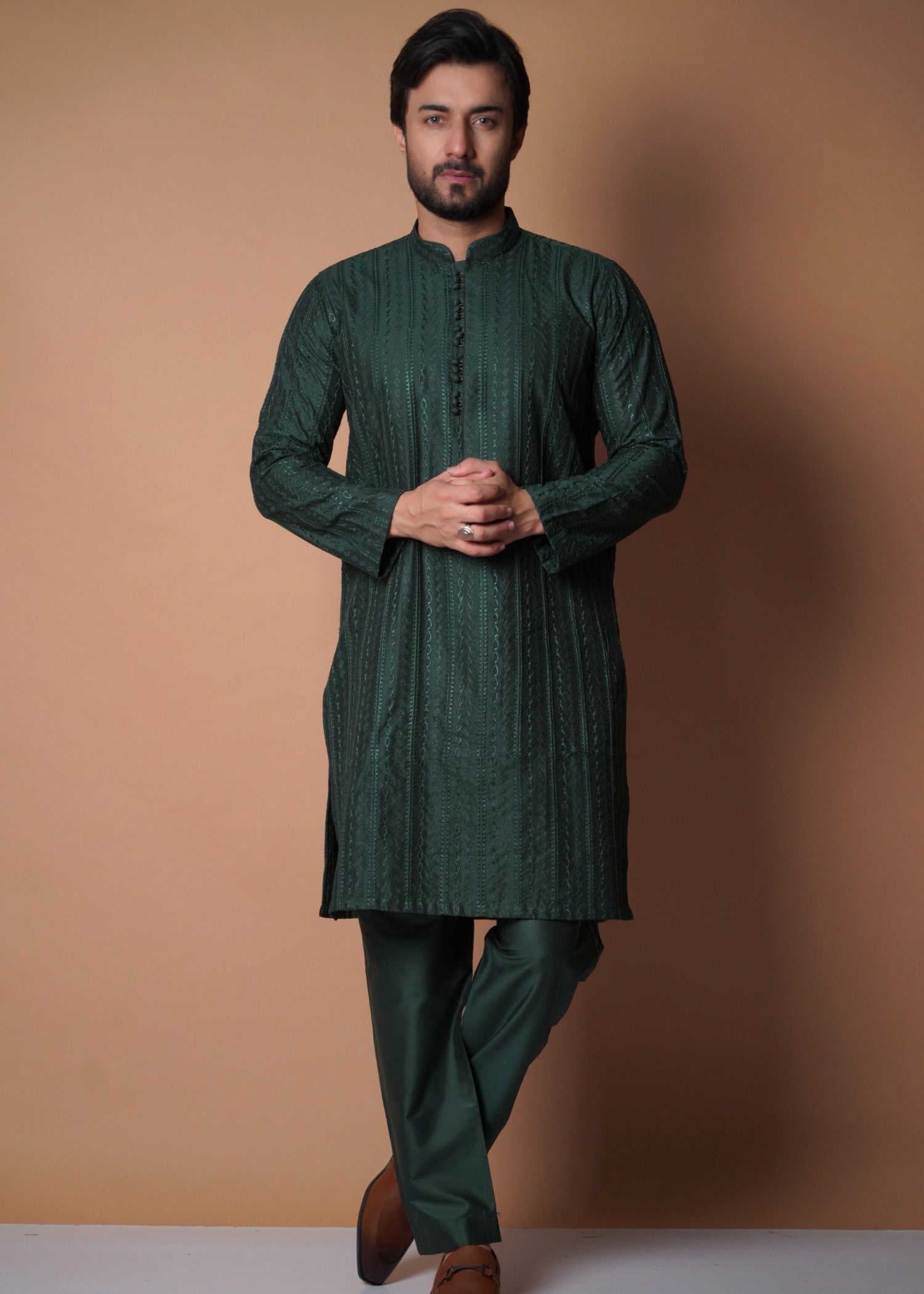 cotton silk Kurta Set in Bottle green