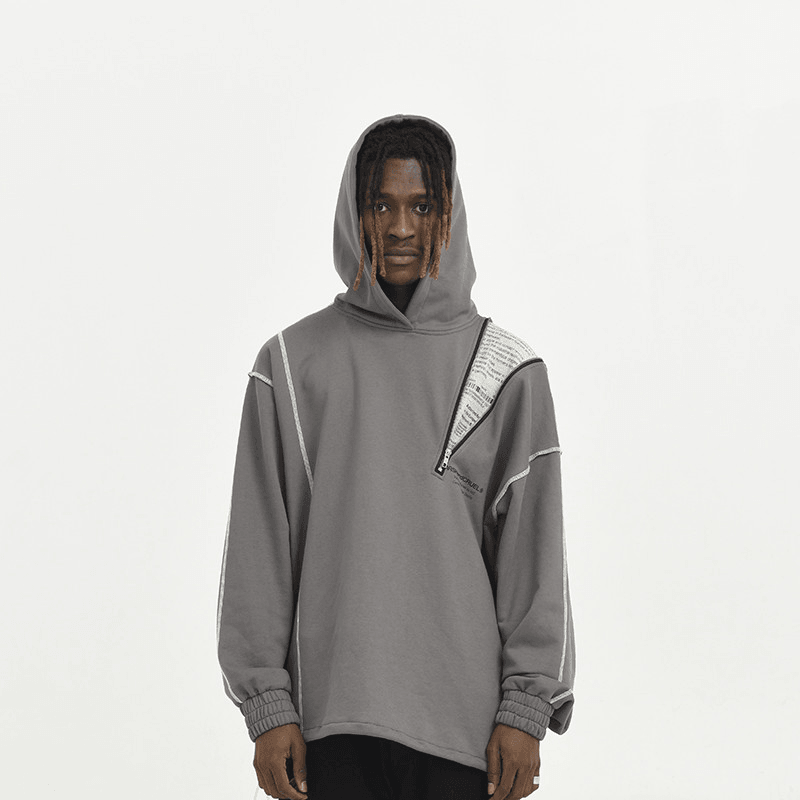 Asymmetrical Zipper Reverse Process Printing Loose Hooded Sweatshirt