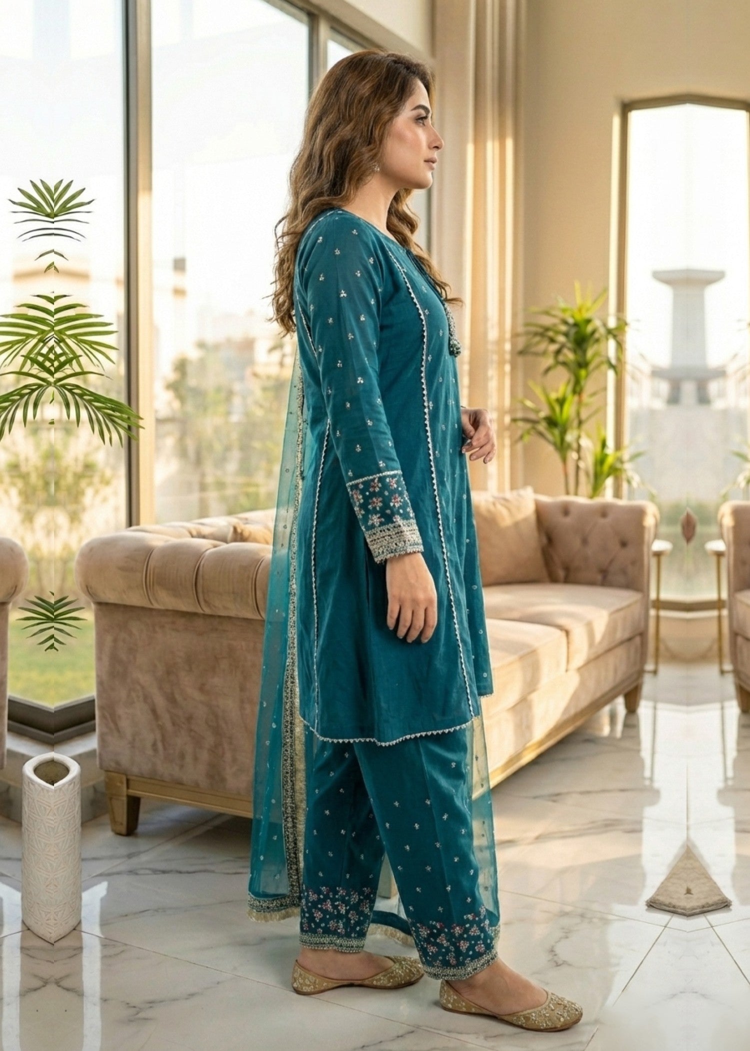 raw silk Short Frock in Teal