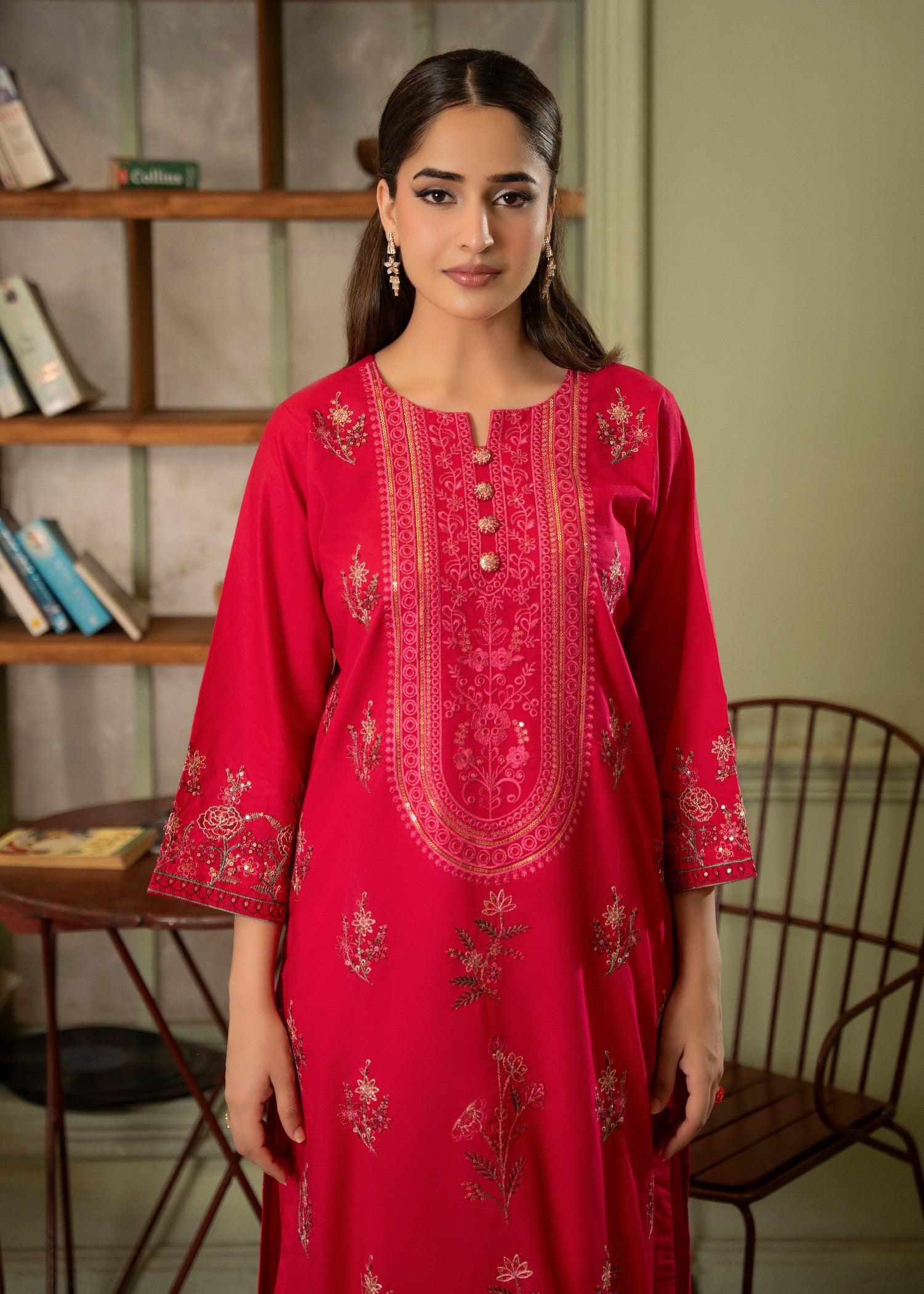 lawn cotton Kurta Set in Raspberry pink