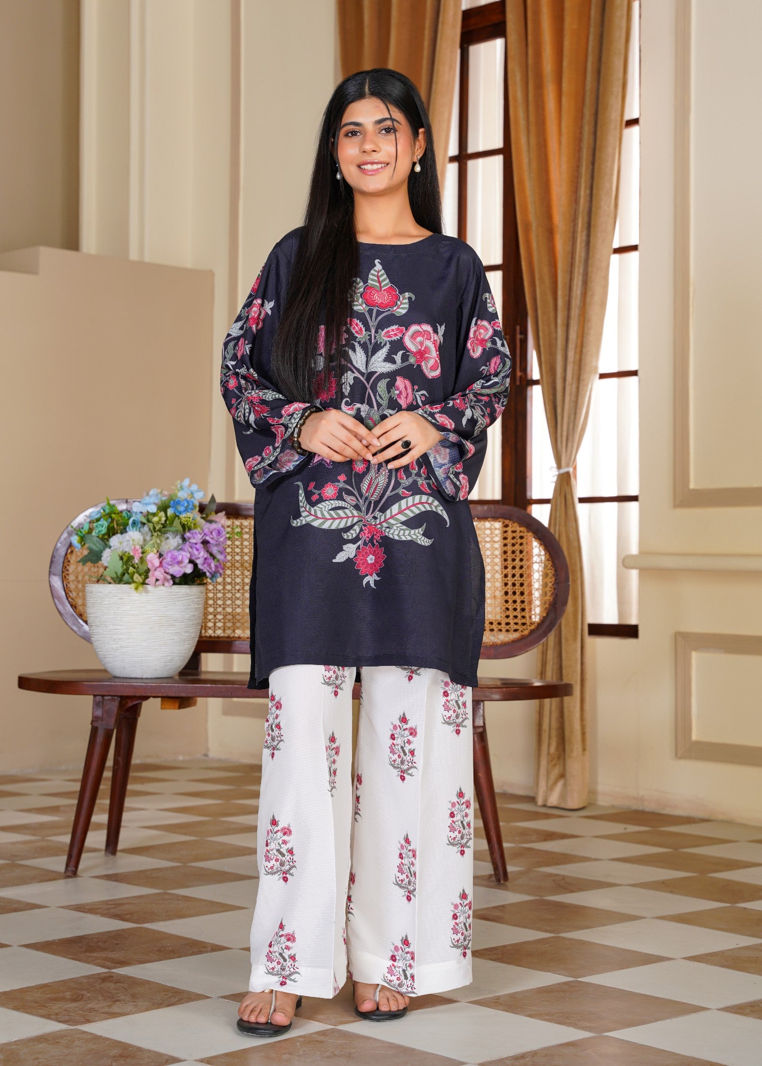 slub cambric Kurta Set in White
