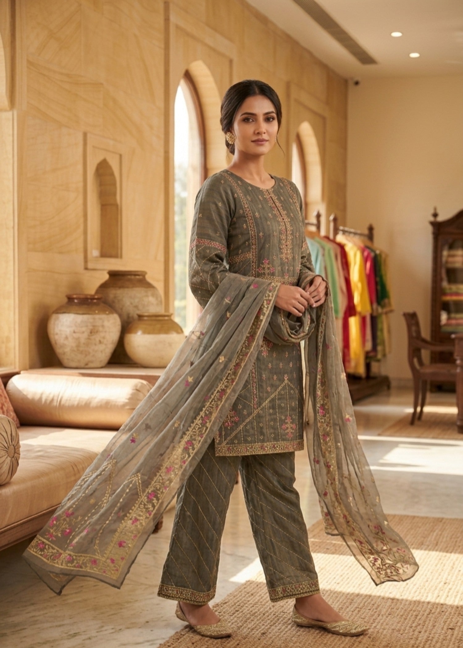 organza Kurta Set in Brown
