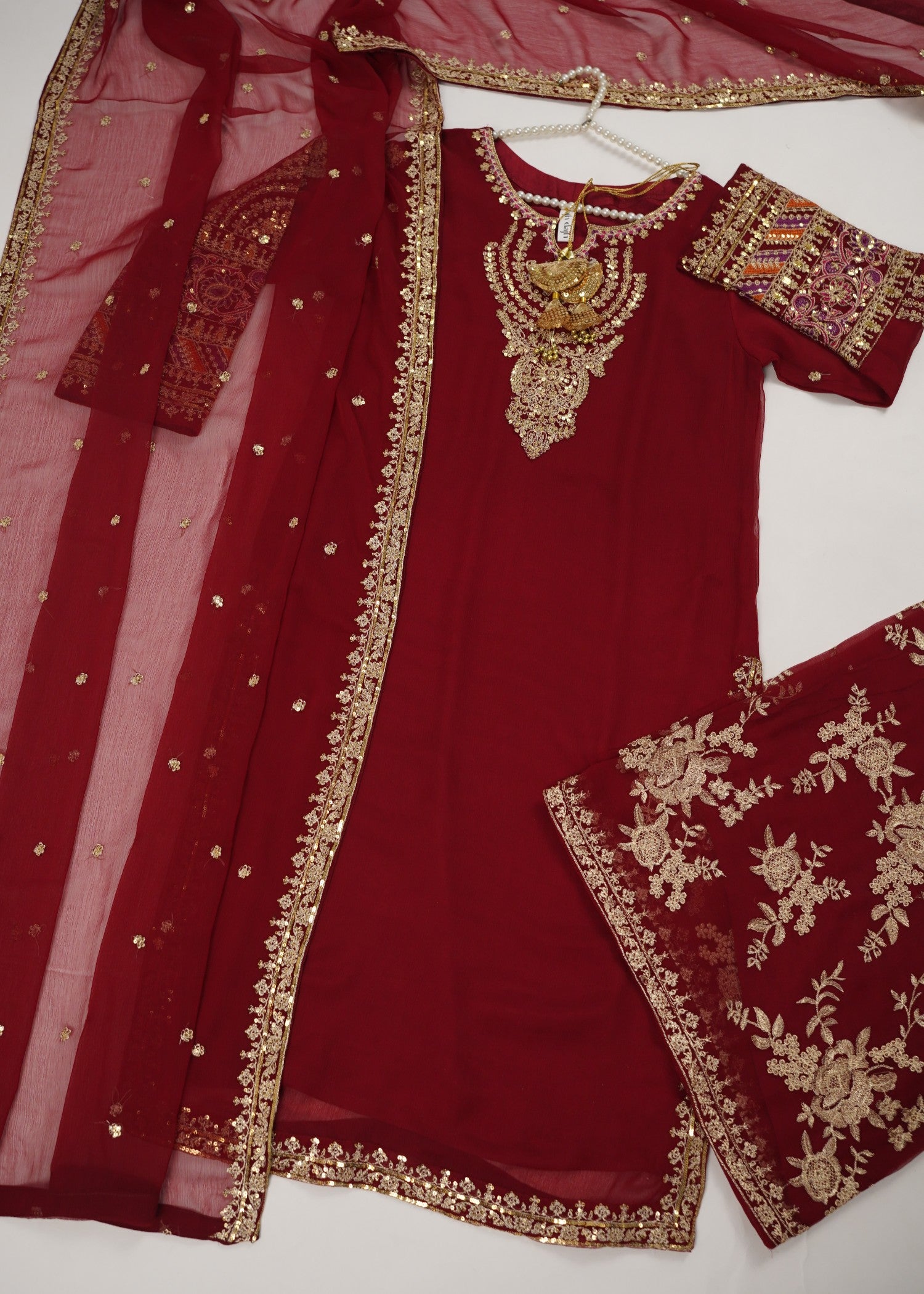 chiffon Kurta Set in Deep carmine