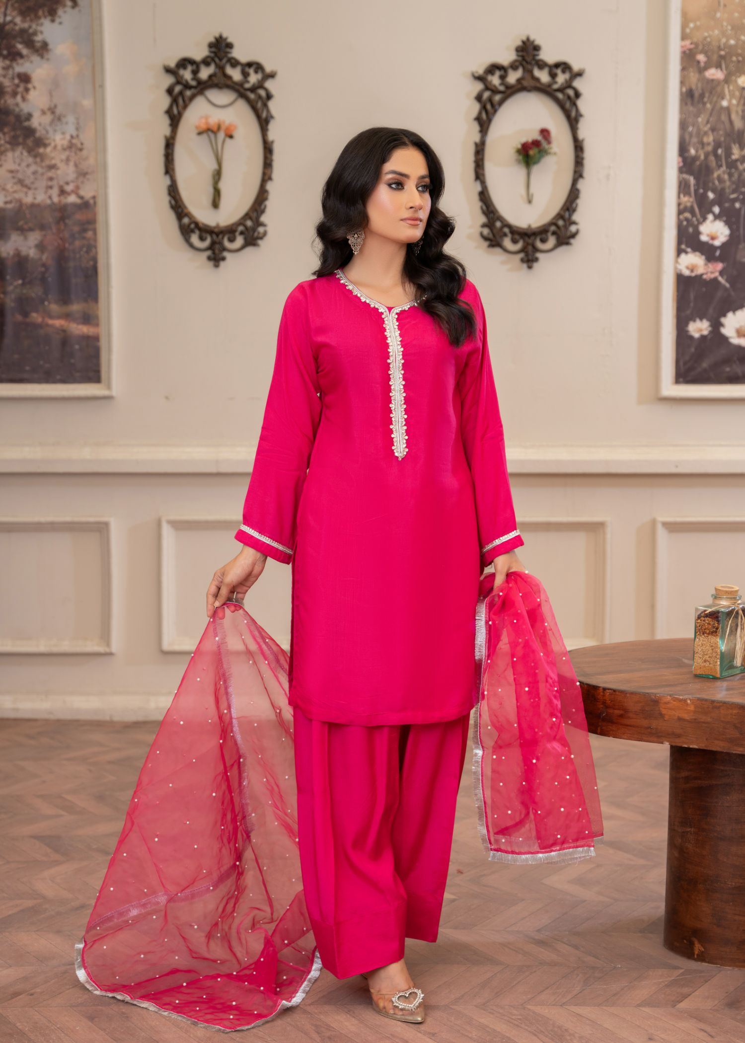 viscose thai silk Kurta Set in Shocking pink