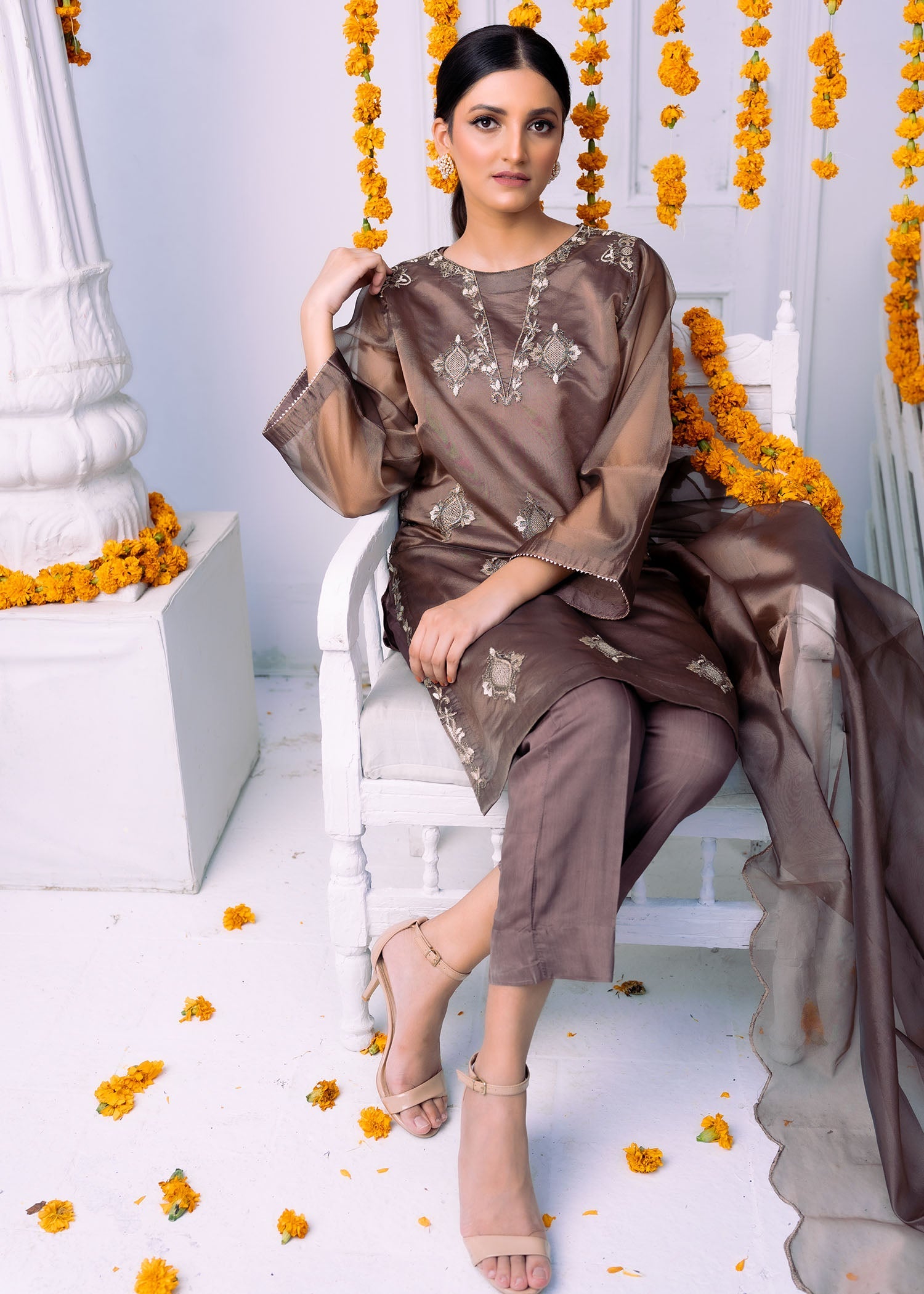 kataan organza Kurta Set in Coffee brown