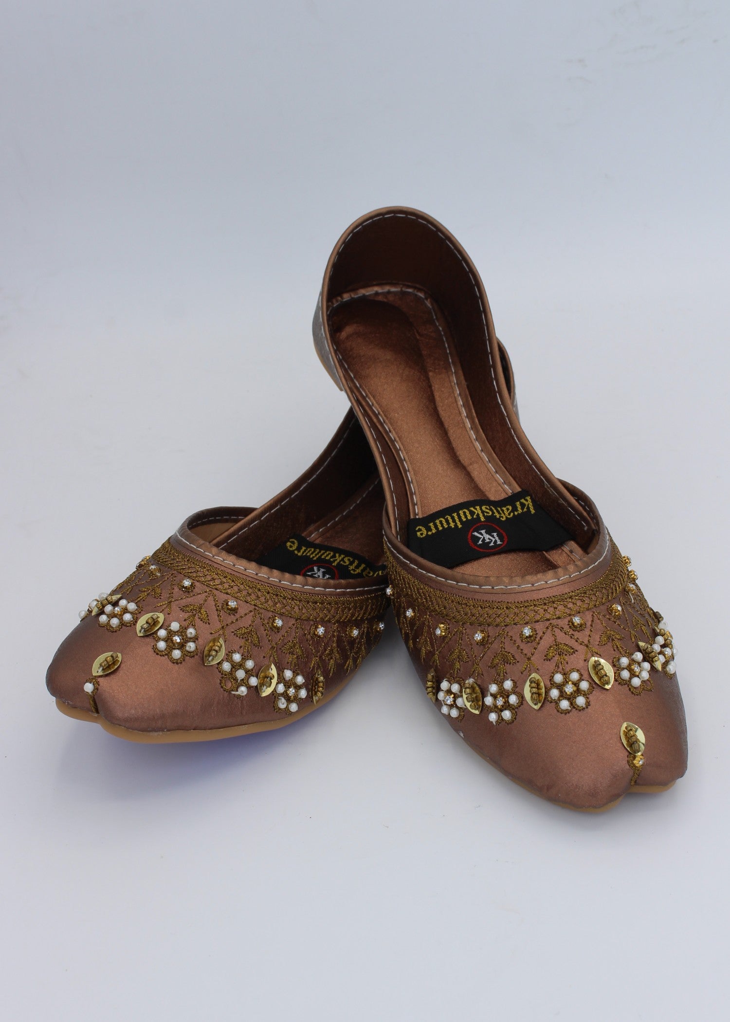 Khussa in Caramel brown, gold by - High Quality Women Khussa ALM7795
