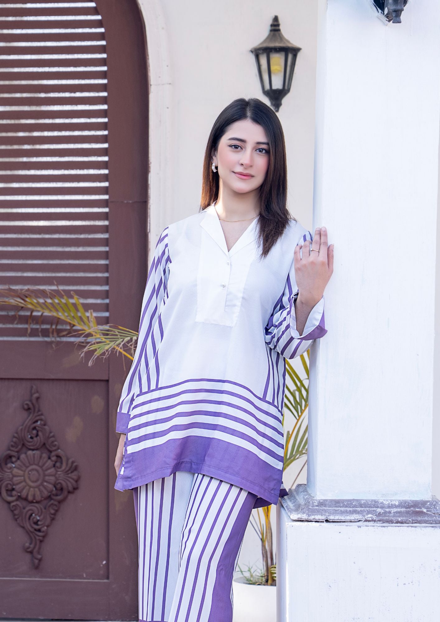 arabic lawn Kurta Set in Purple, white
