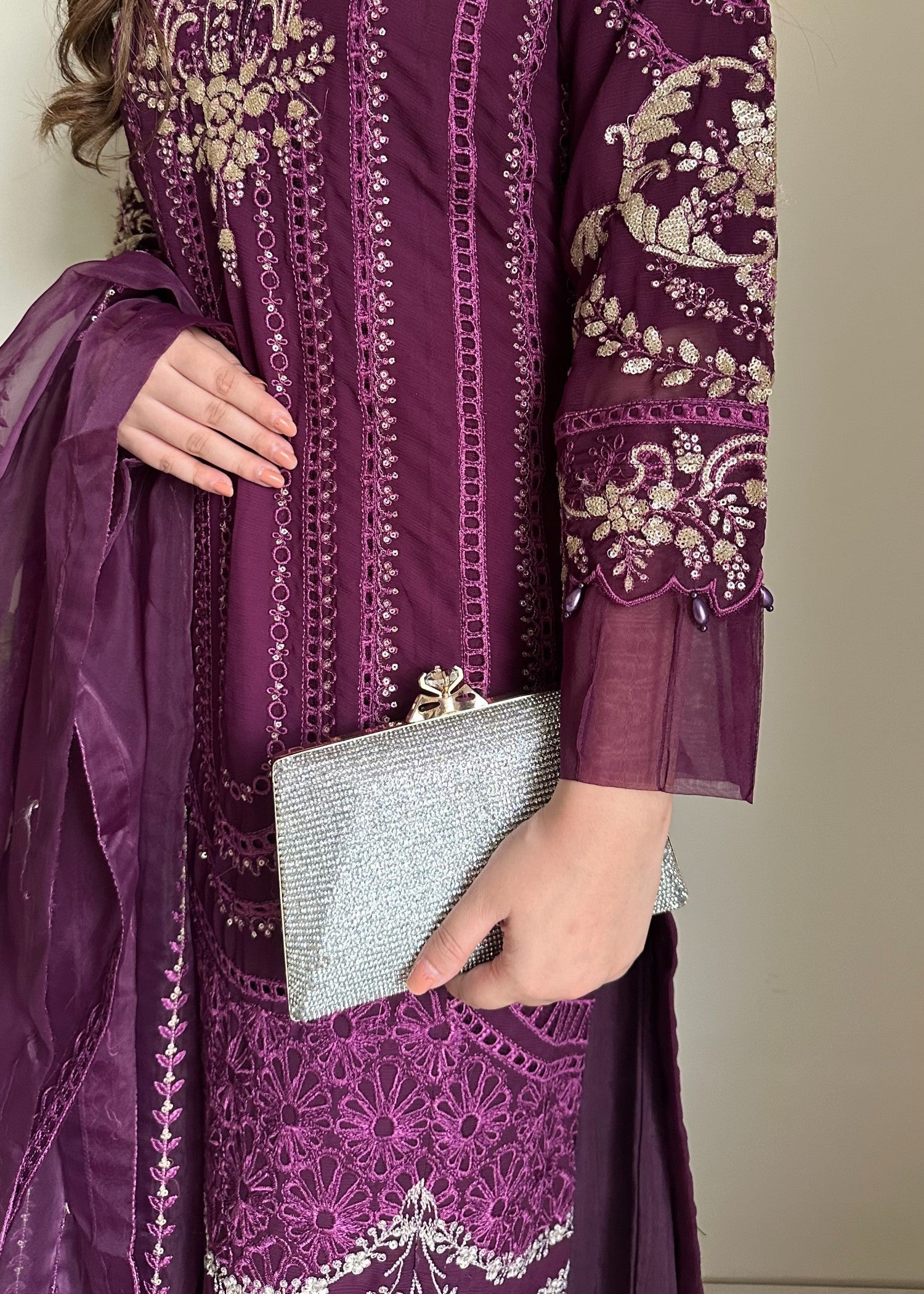 chiffon Kurta Set in Plum purple