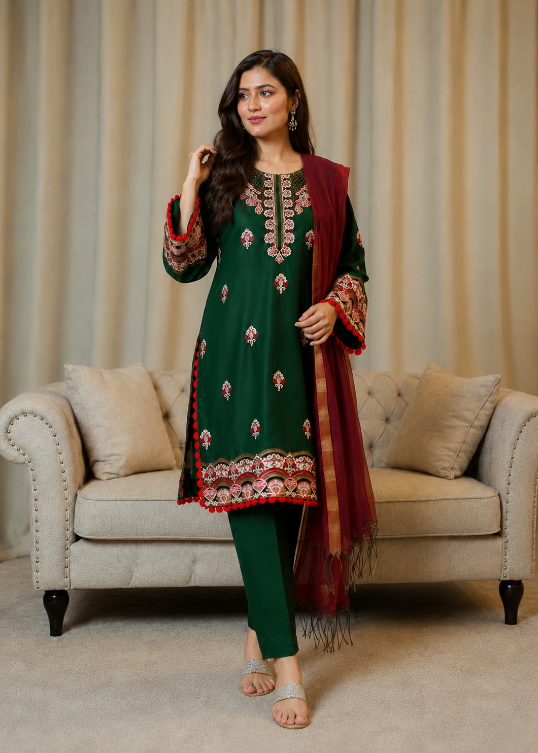 lawn cotton Unstitched in Hunter green