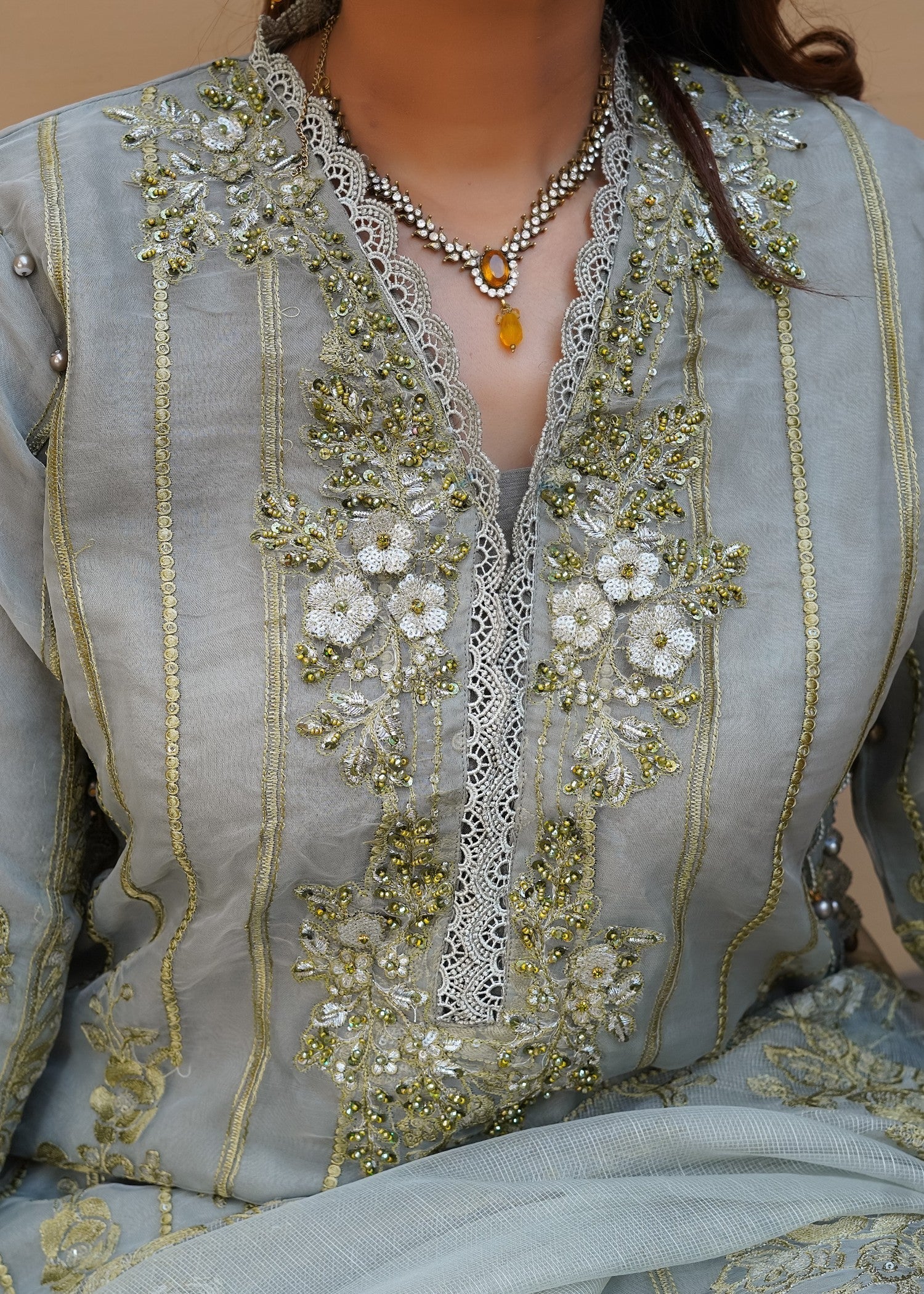 organza Kurta Set in Grey