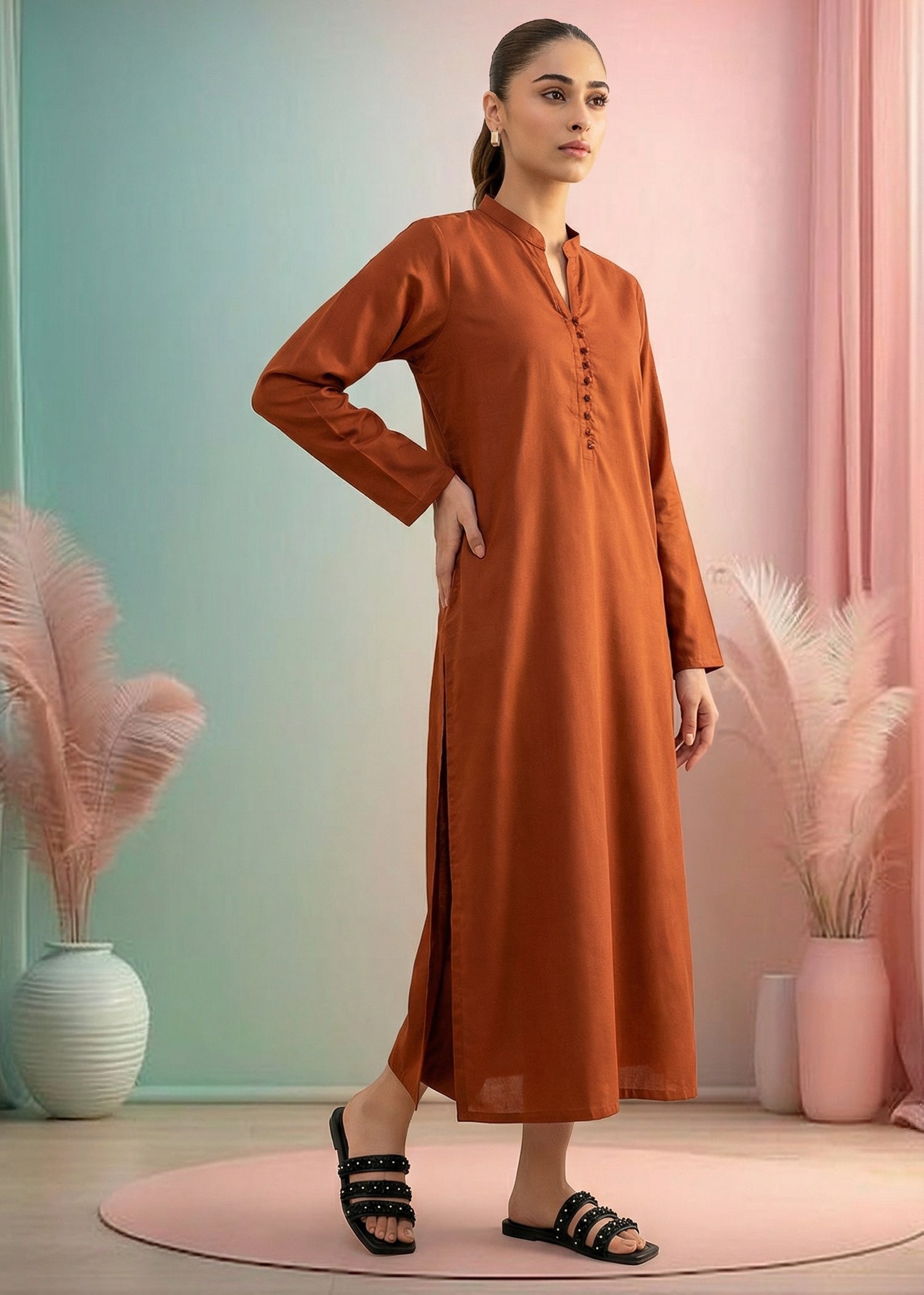 slub lawn Kurta Set in Orange