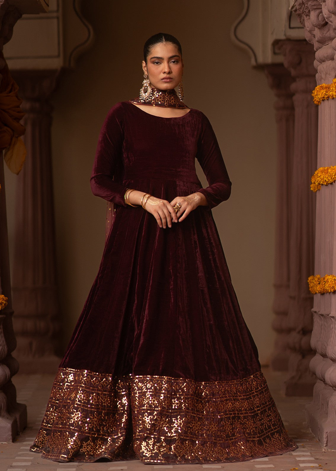 velvet Pishwas in Maroon