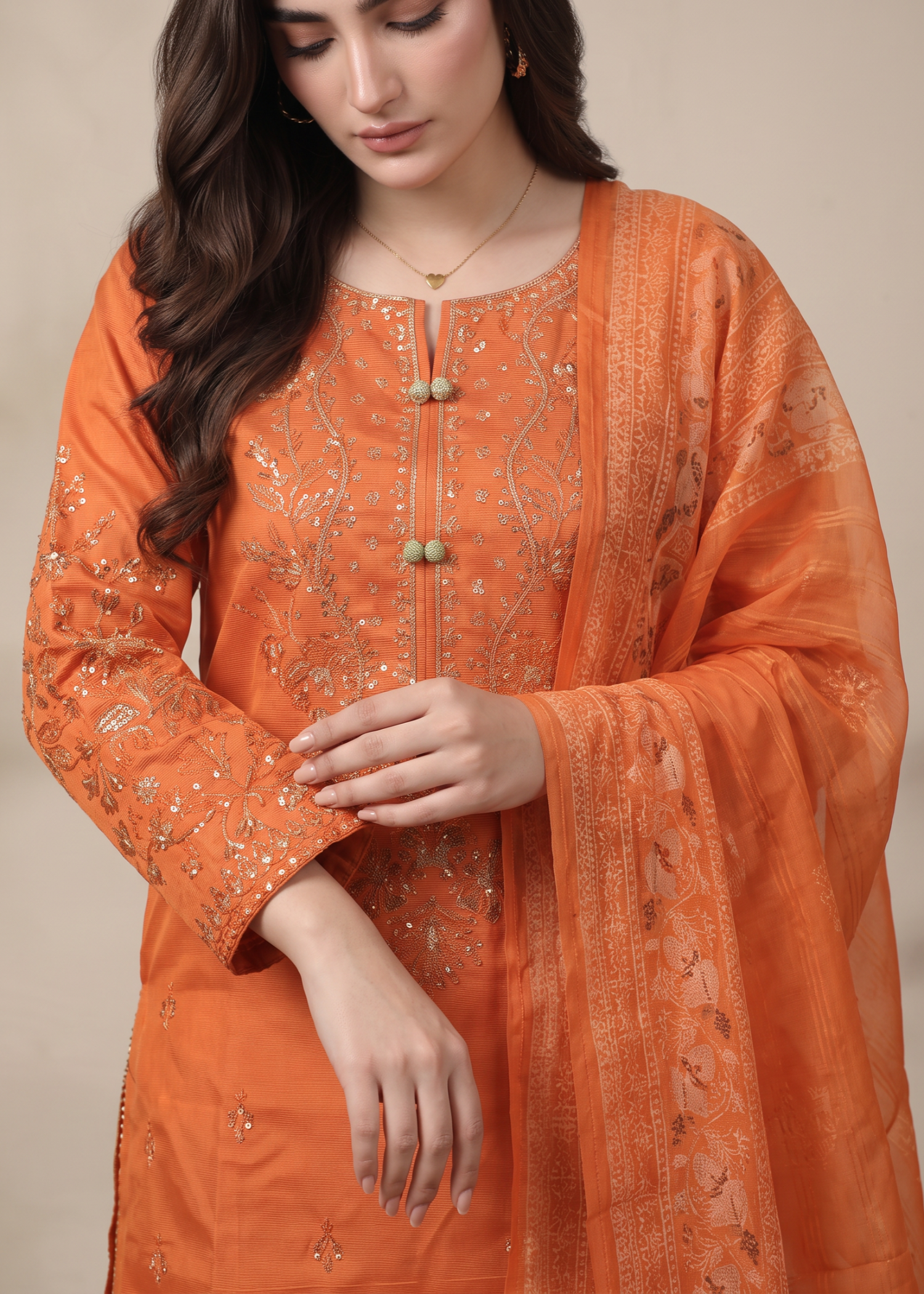 khaddi net Kurta Set in Coral pink