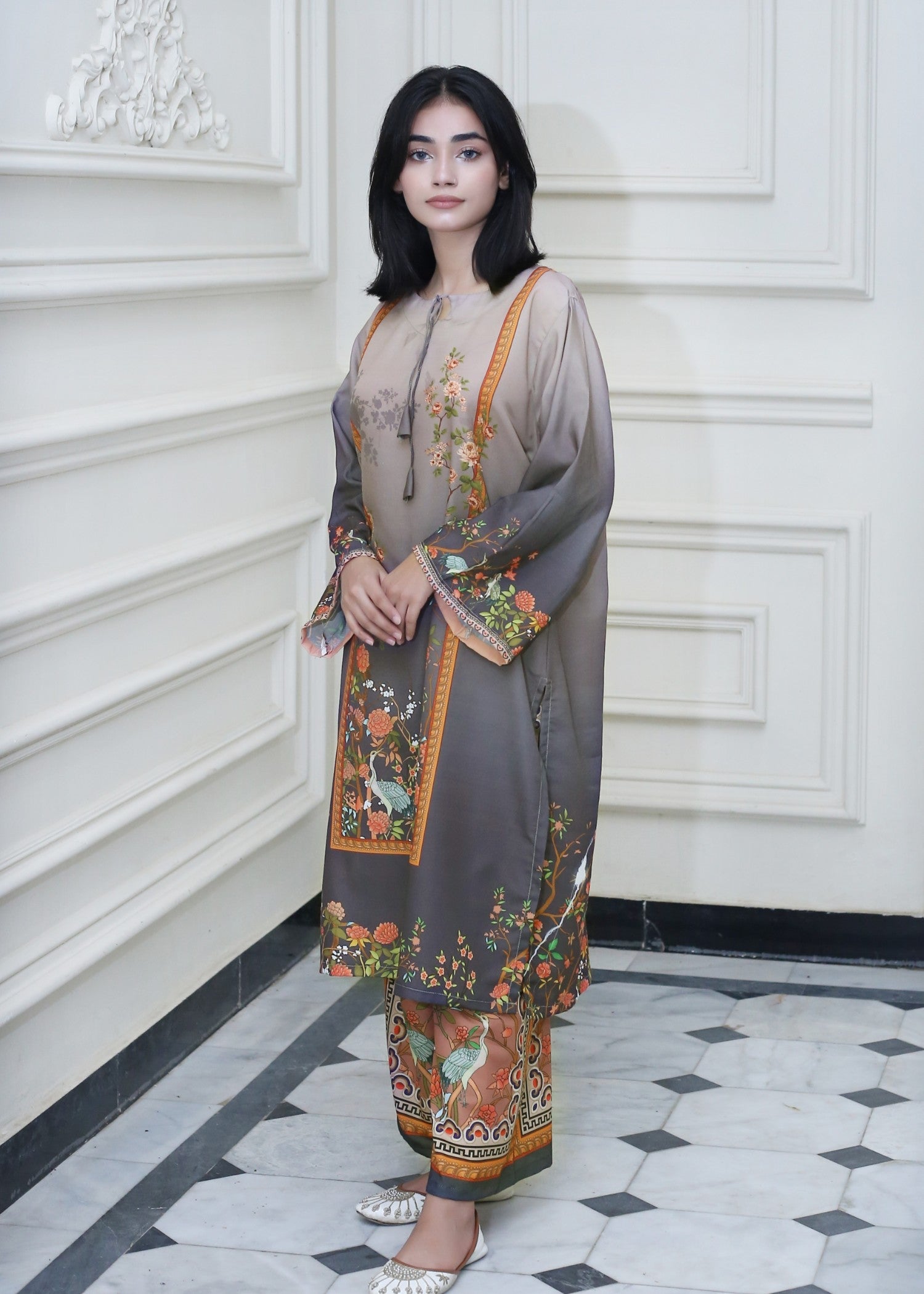 poly lawn Kurta Set in Multi, grey