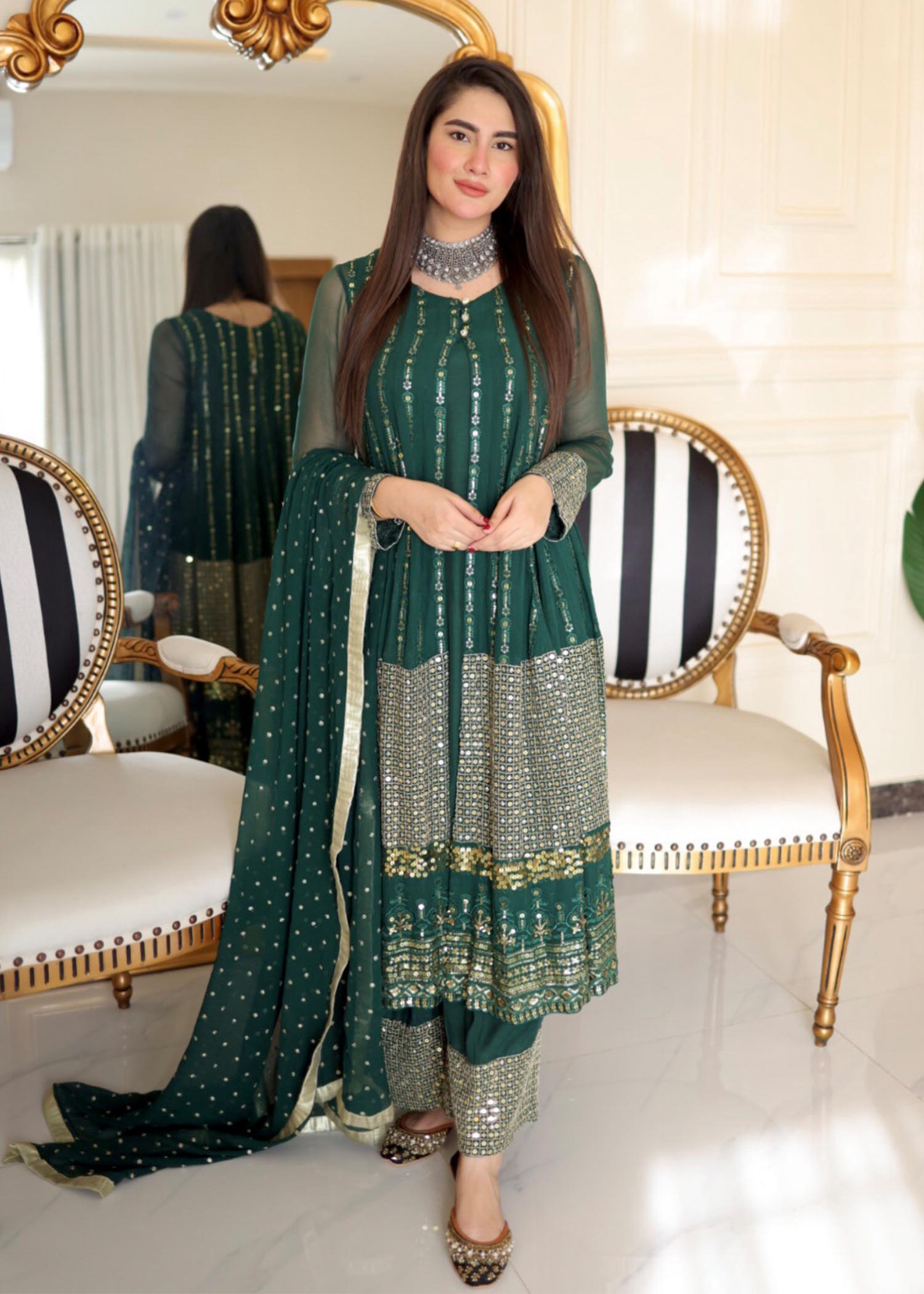 chikankari cotton Gown in Bottle green