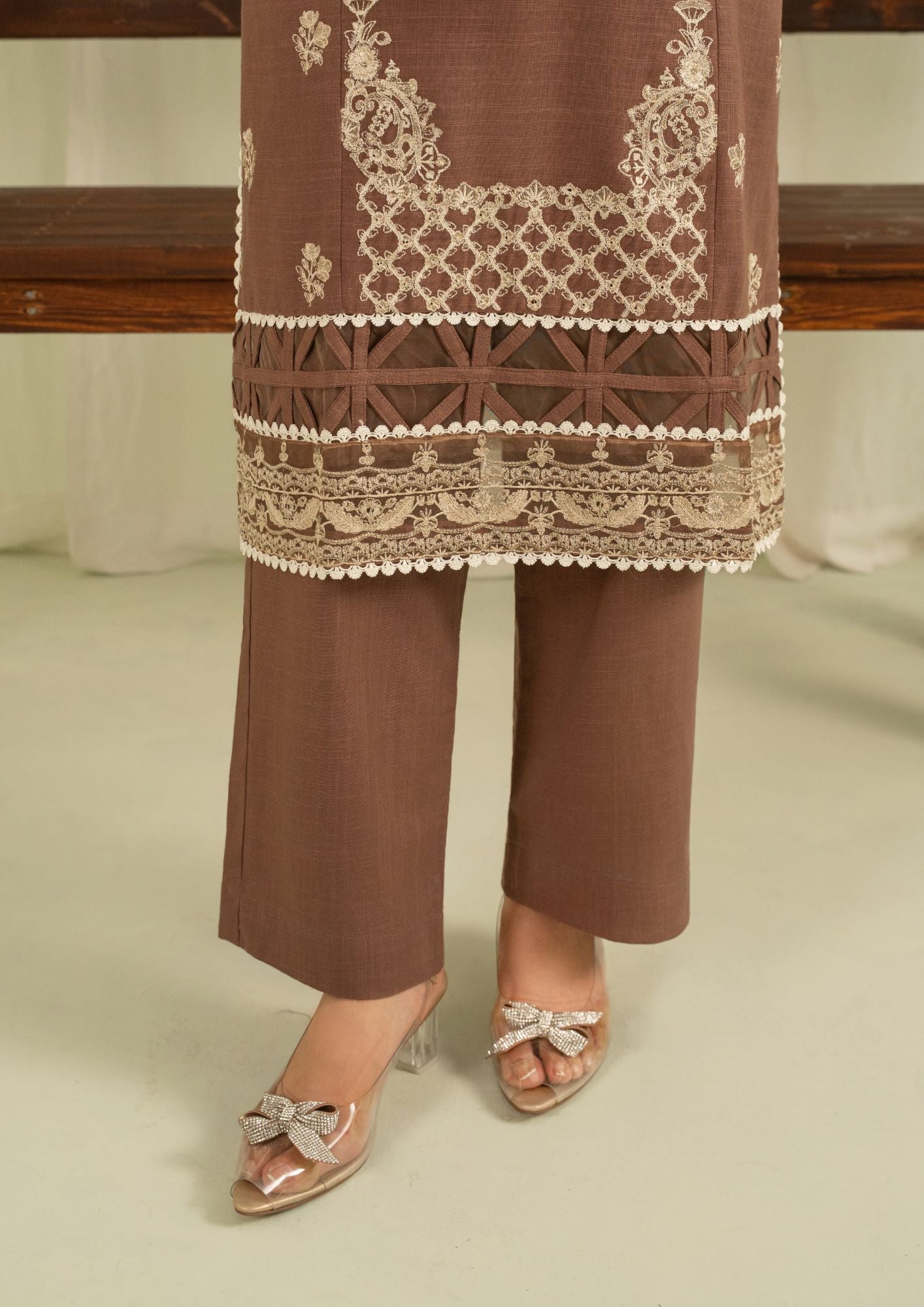 khaddar Kurta Set in Beige, coffee brown