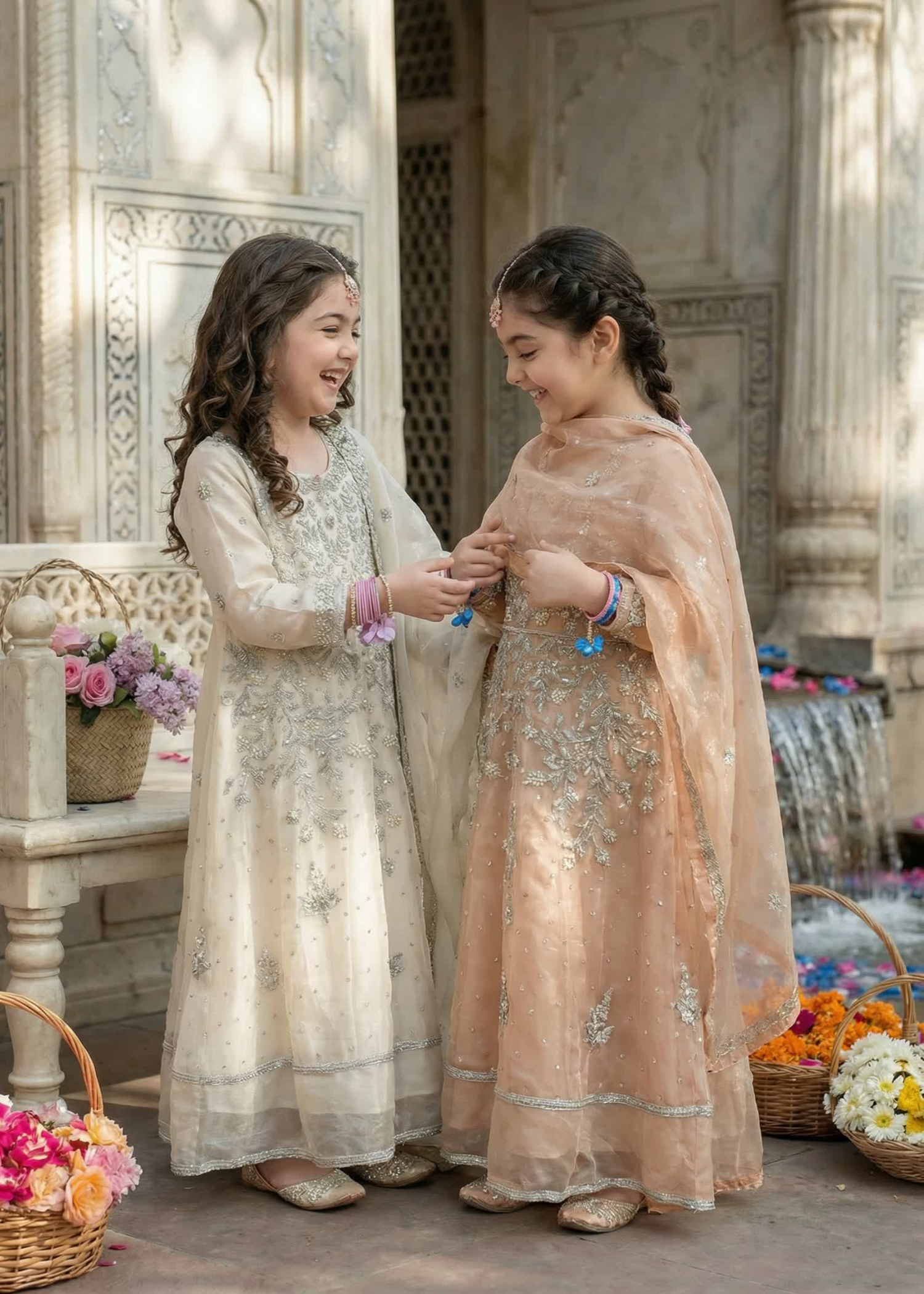 tissue silk Pishwas in Peach pink