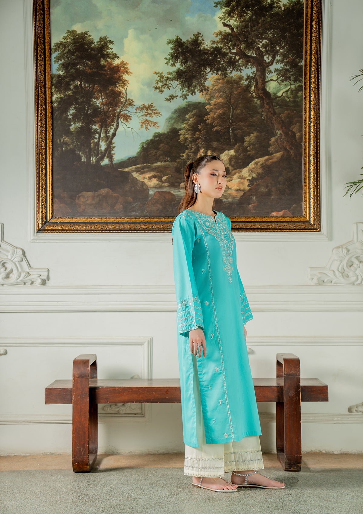 cotton Kurta Set in Turquoise