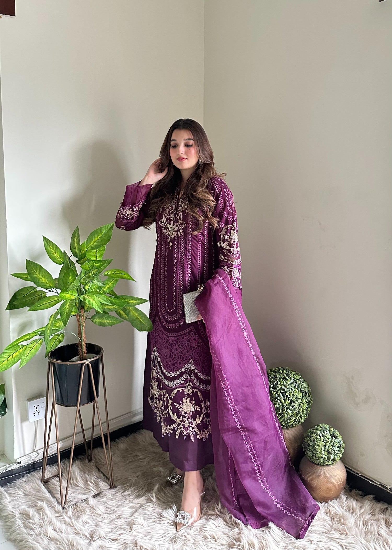 chiffon Kurta Set in Plum purple