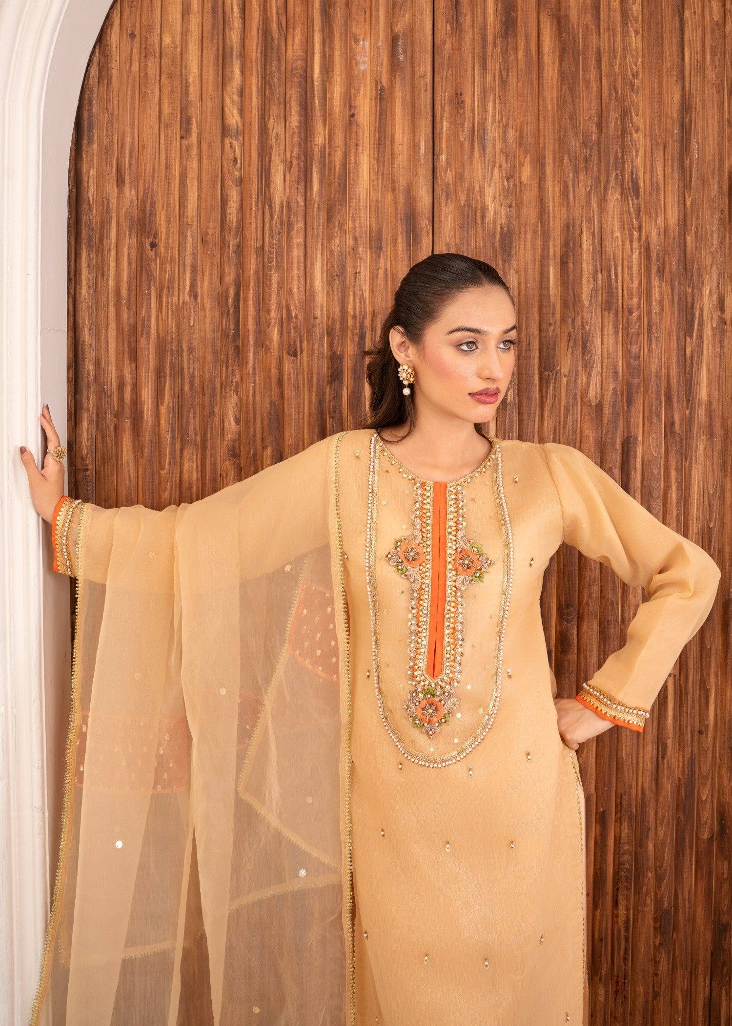 chiffon Kurta Set in Apricot orange